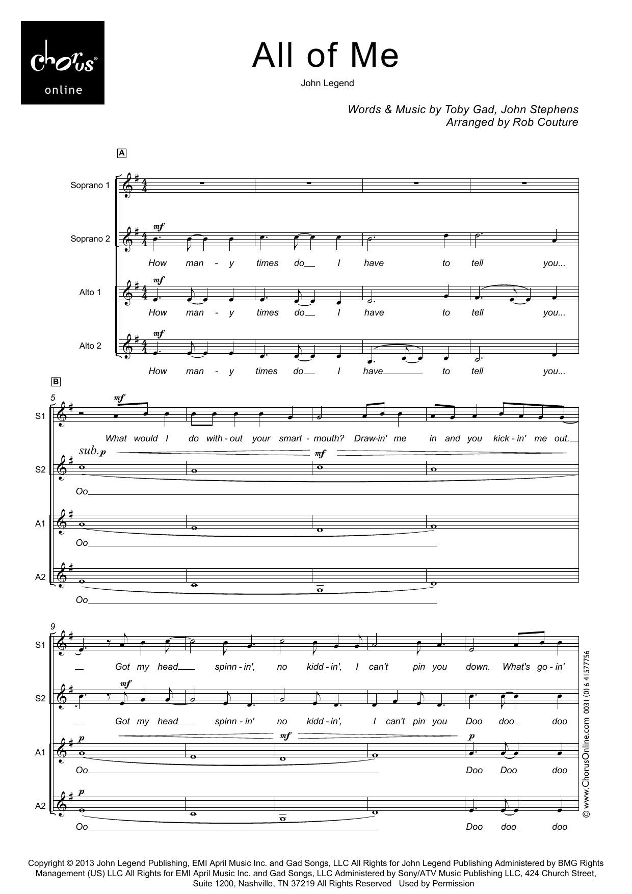 All Of Me (arr. Robert Couture): SSAA Choral Octavo