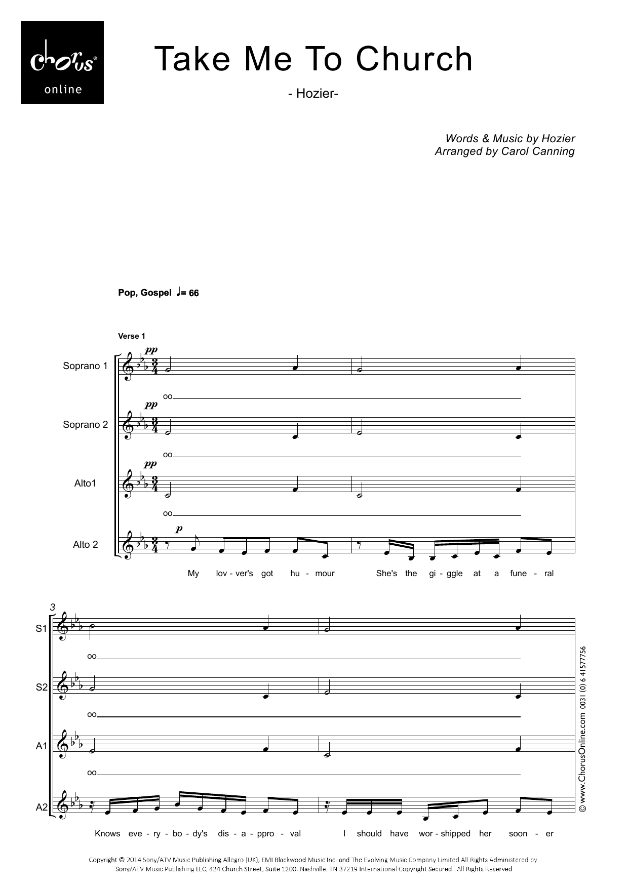 Take Me To Church (arr. Carol Canning): SSAA Choral Octavo