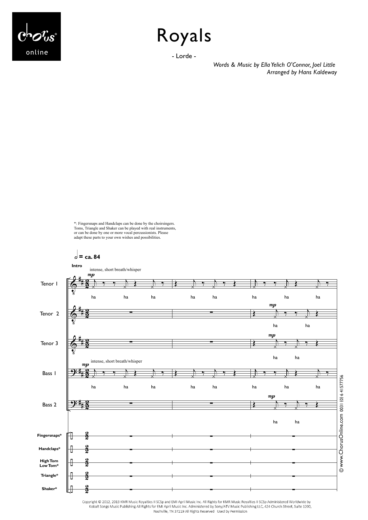 Royals (arr. Hans Kaldeway): TTTTBBBB Choral Octavo