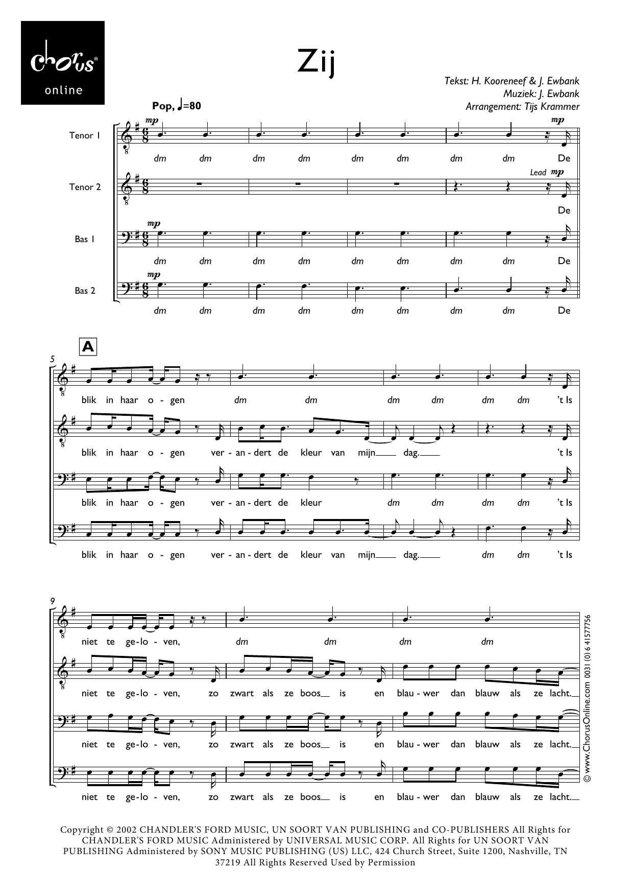 Zij (arr. Tijs Krammer): TTBB Choral Octavo