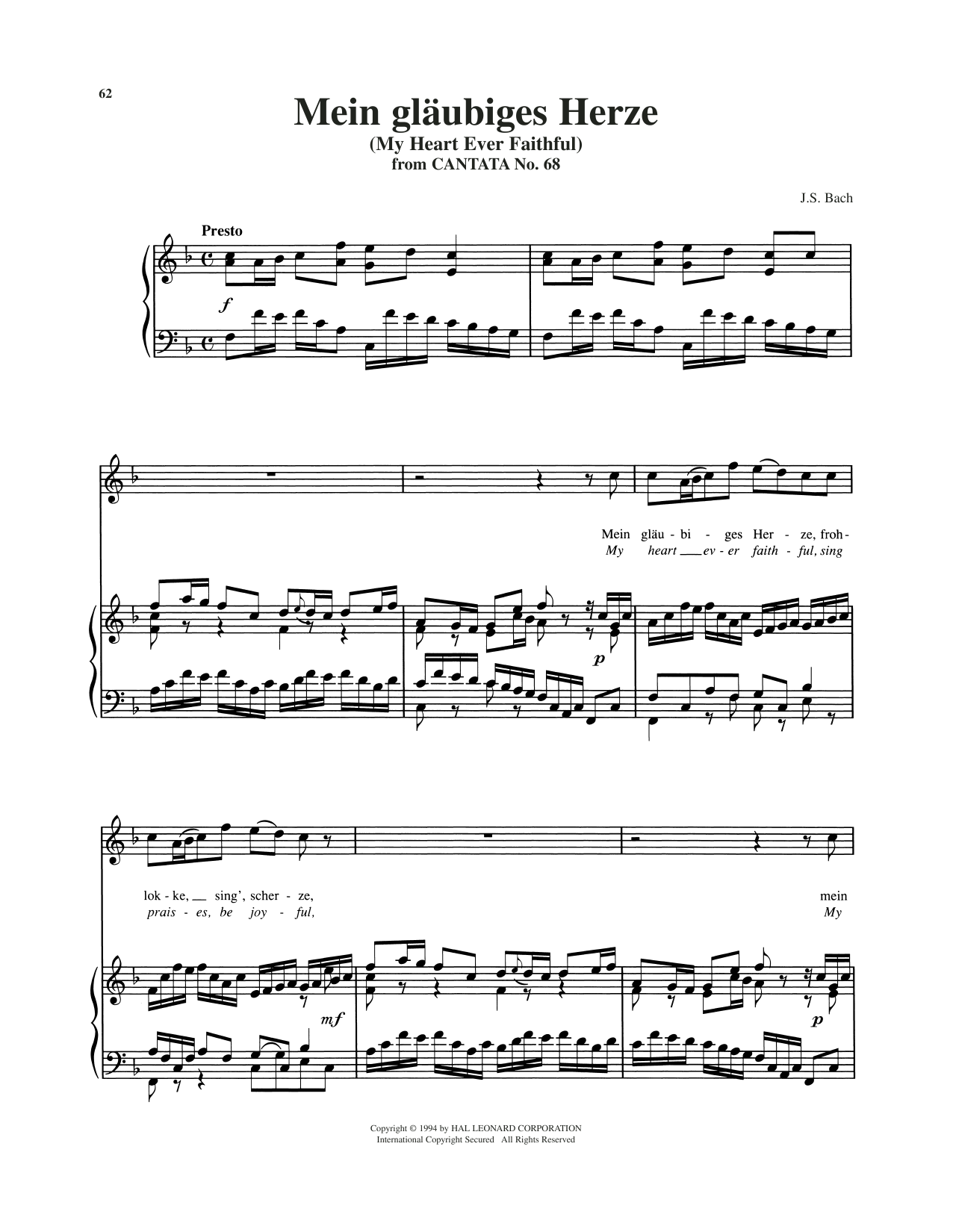 Mein Glaubiges Herze: Piano Vocal