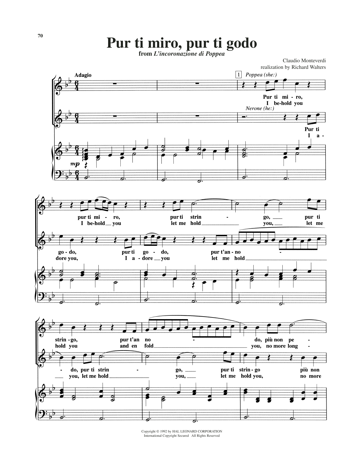 Pur ti miro, pur ti godo: Piano Vocal