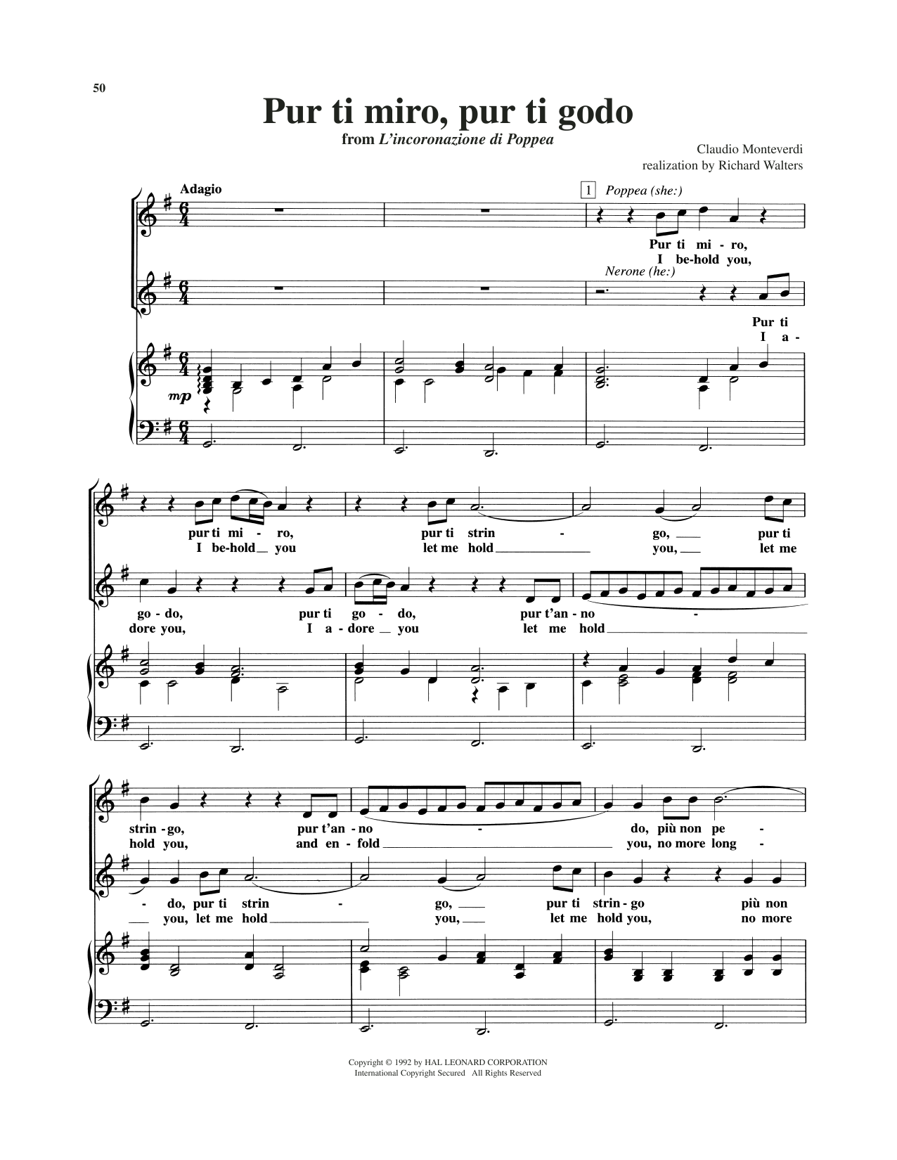 Pur ti miro, pur ti godo: Piano Vocal
