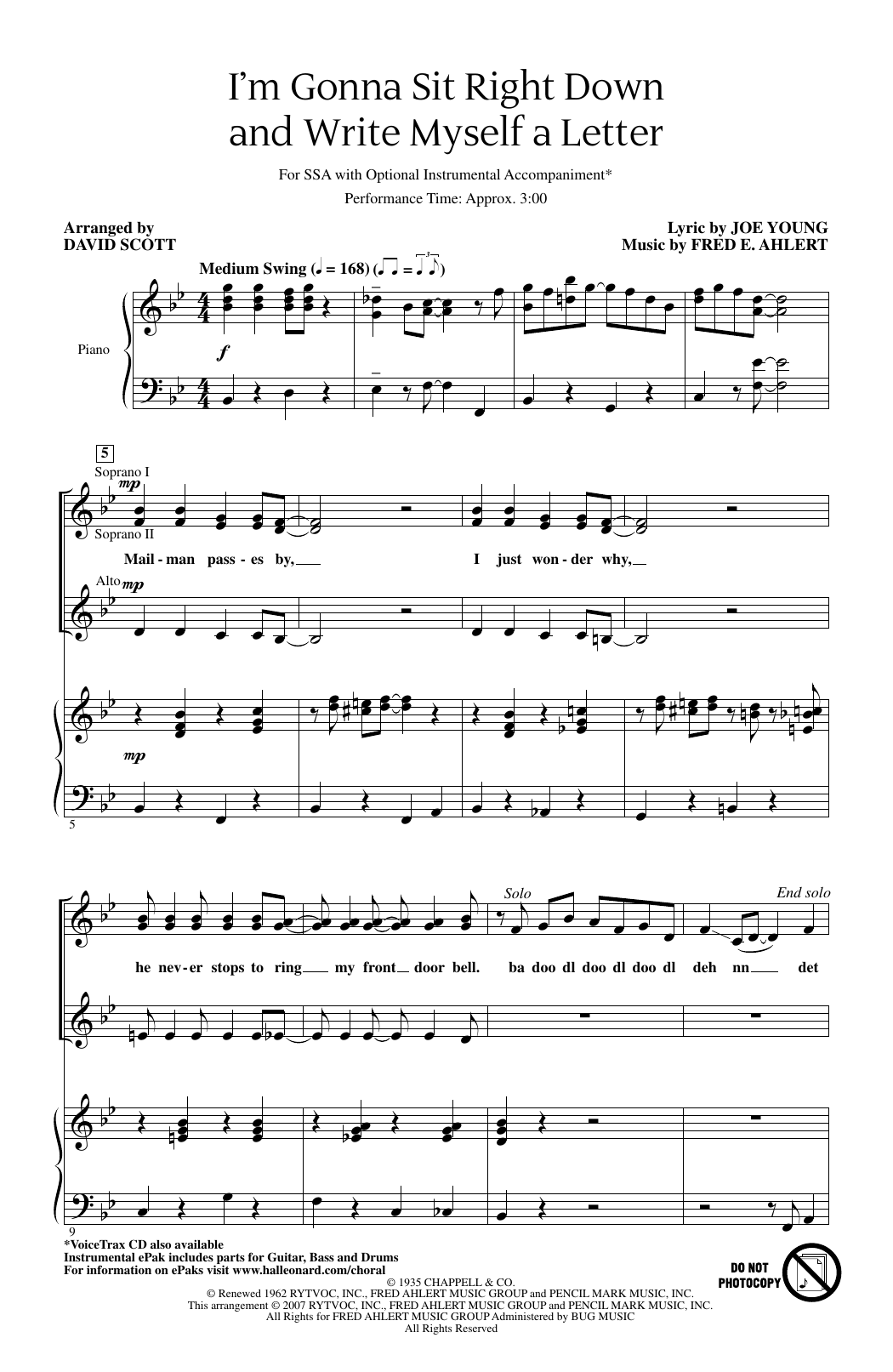 I'm Gonna Sit Right Down And Write Myself A Letter (arr. David Scott): SSA Choral Octavo