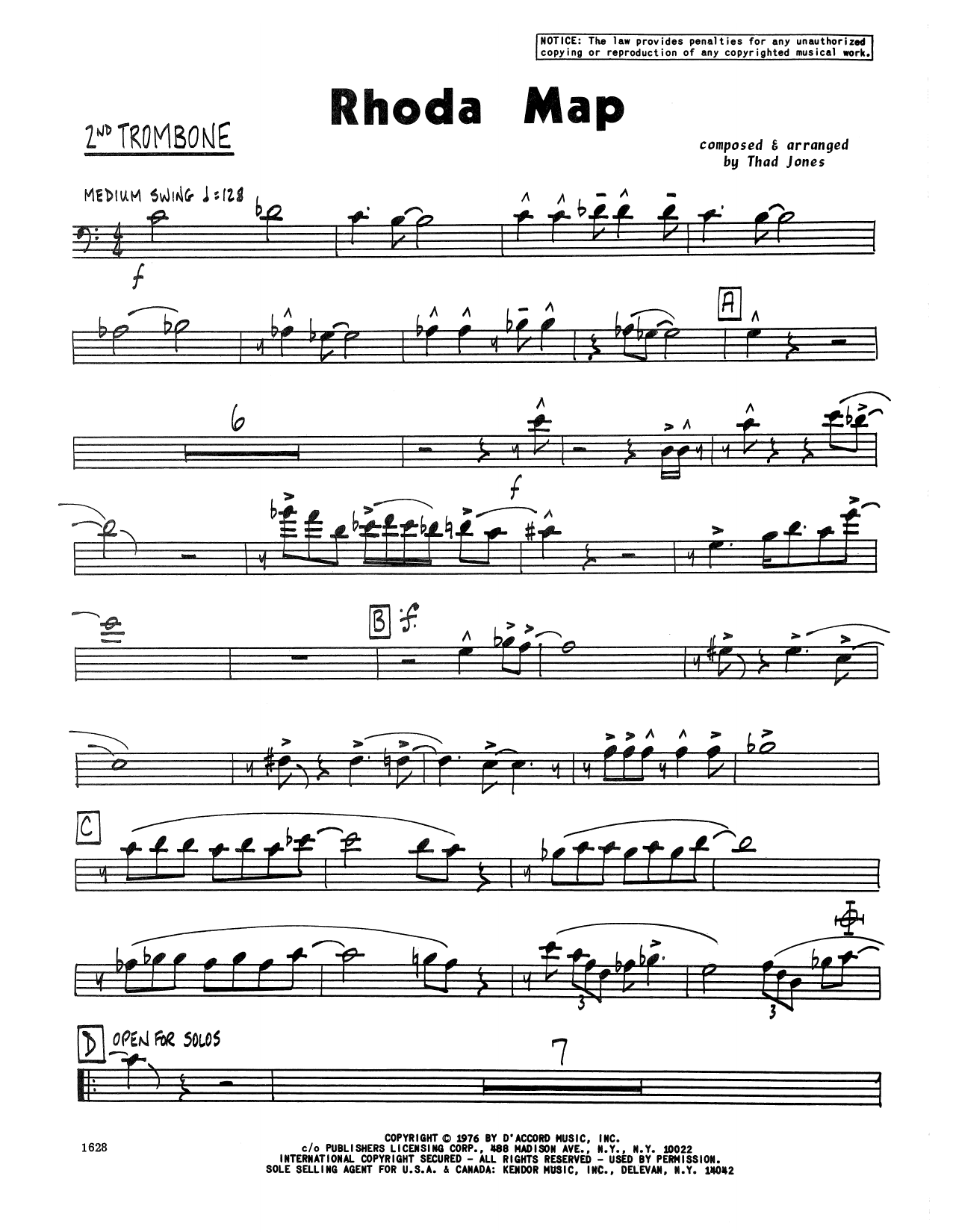 Rhoda Map 2nd Trombone Sheet Music Thad Jones Jazz Ensemble