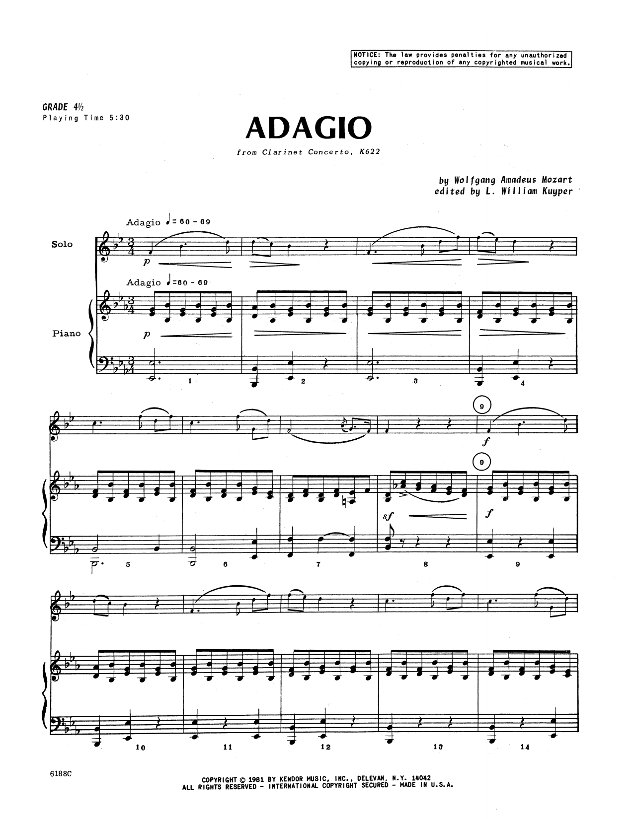 Adagio (from Concerto, K622) Piano (optional) Sheet Music