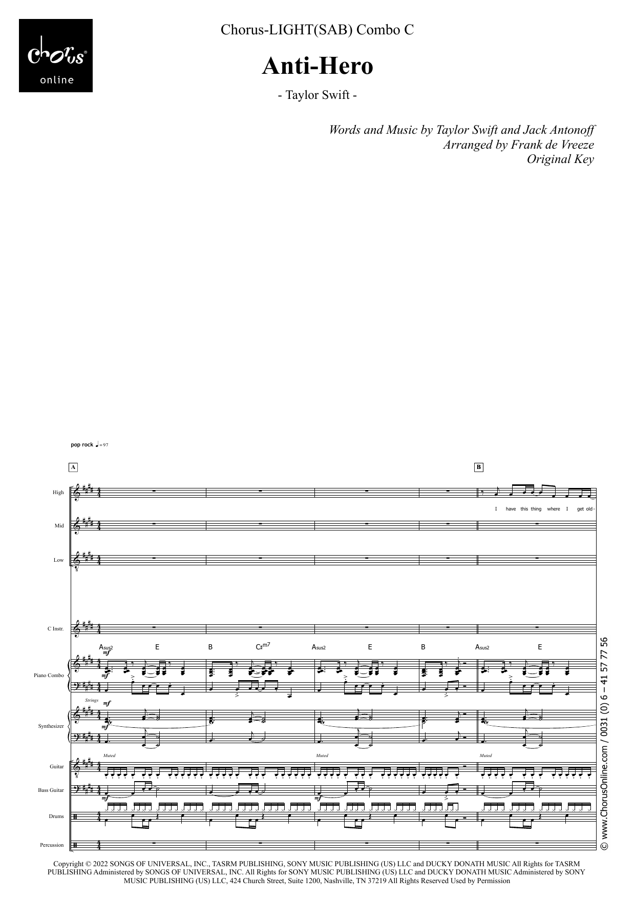 Anti-Hero (arr. Frank de Vreeze): SAB Choral Octavo