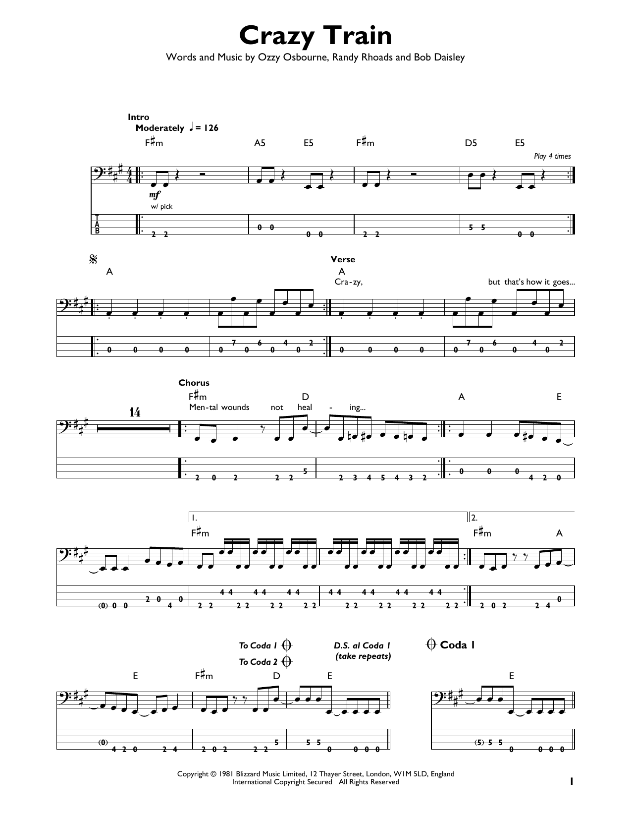 Crazy Train By Ozzy Osbourne Easy Bass Tab Guitar Instructor