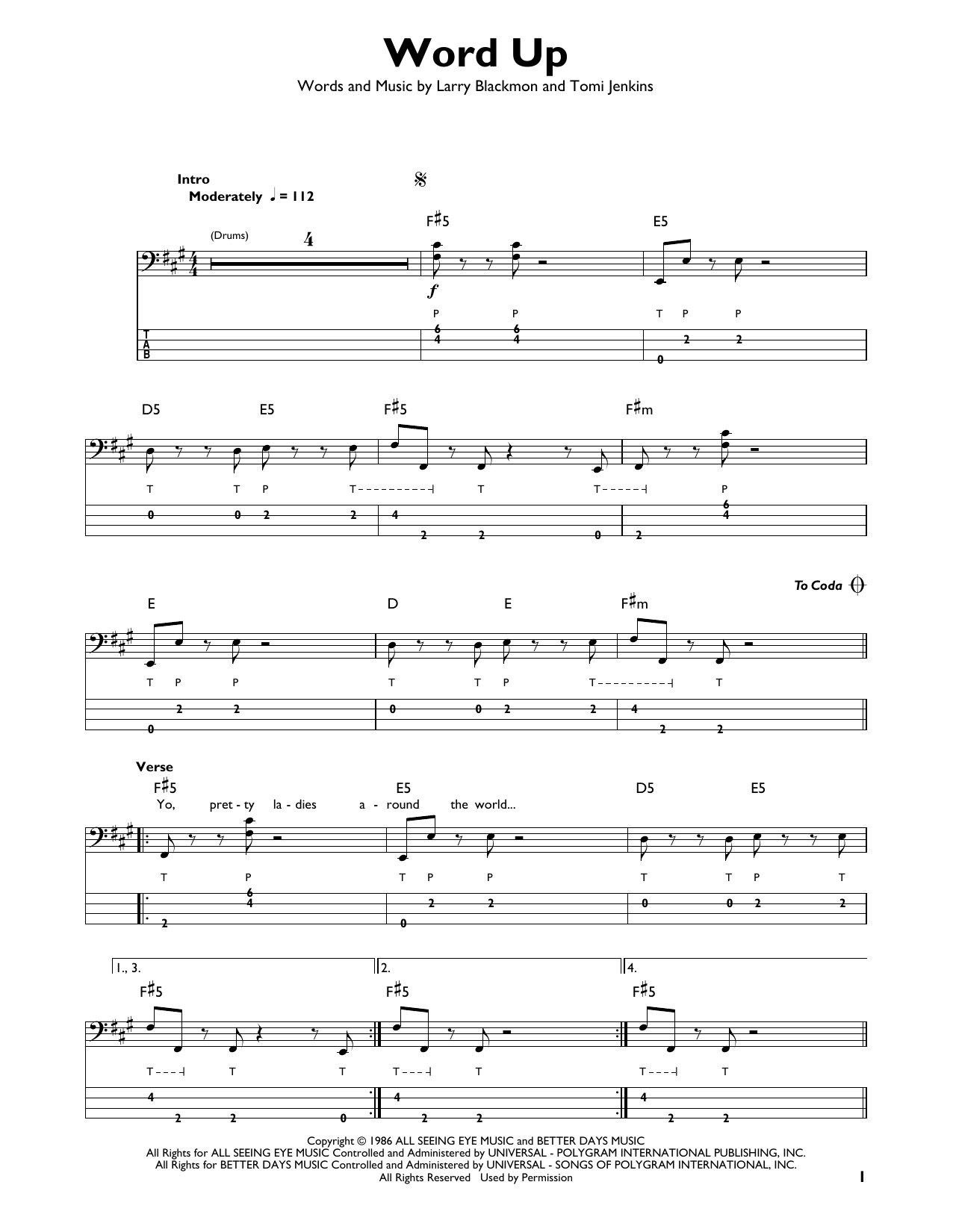Word Up By Cameo Sheet Music For Easy Bass Tab At Sheet Music Direct