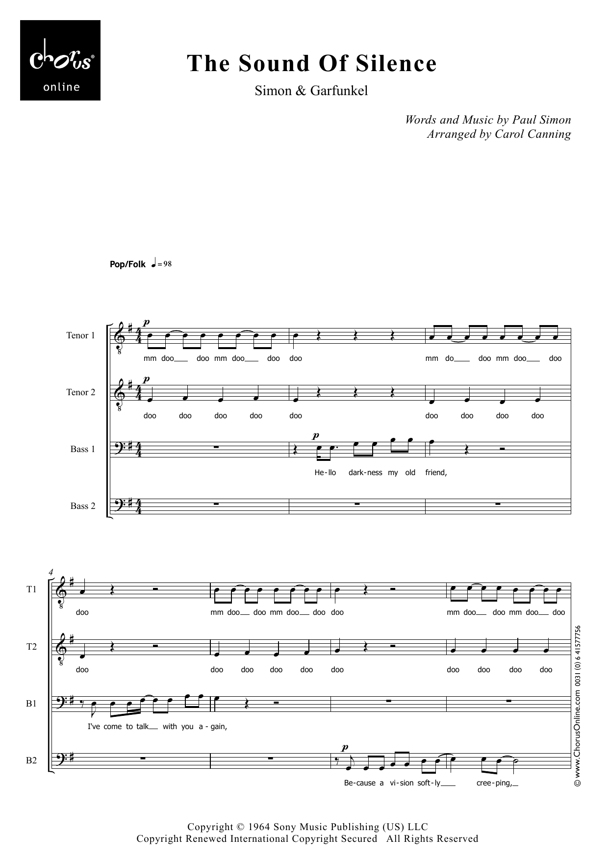The Sound Of Silence (arr. Carol Canning): TTBB Choral Octavo