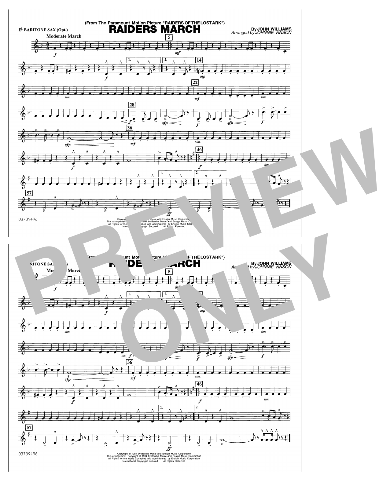 Raiders March (arr. Johnnie Vinson) Eb Baritone Sax by John Williams