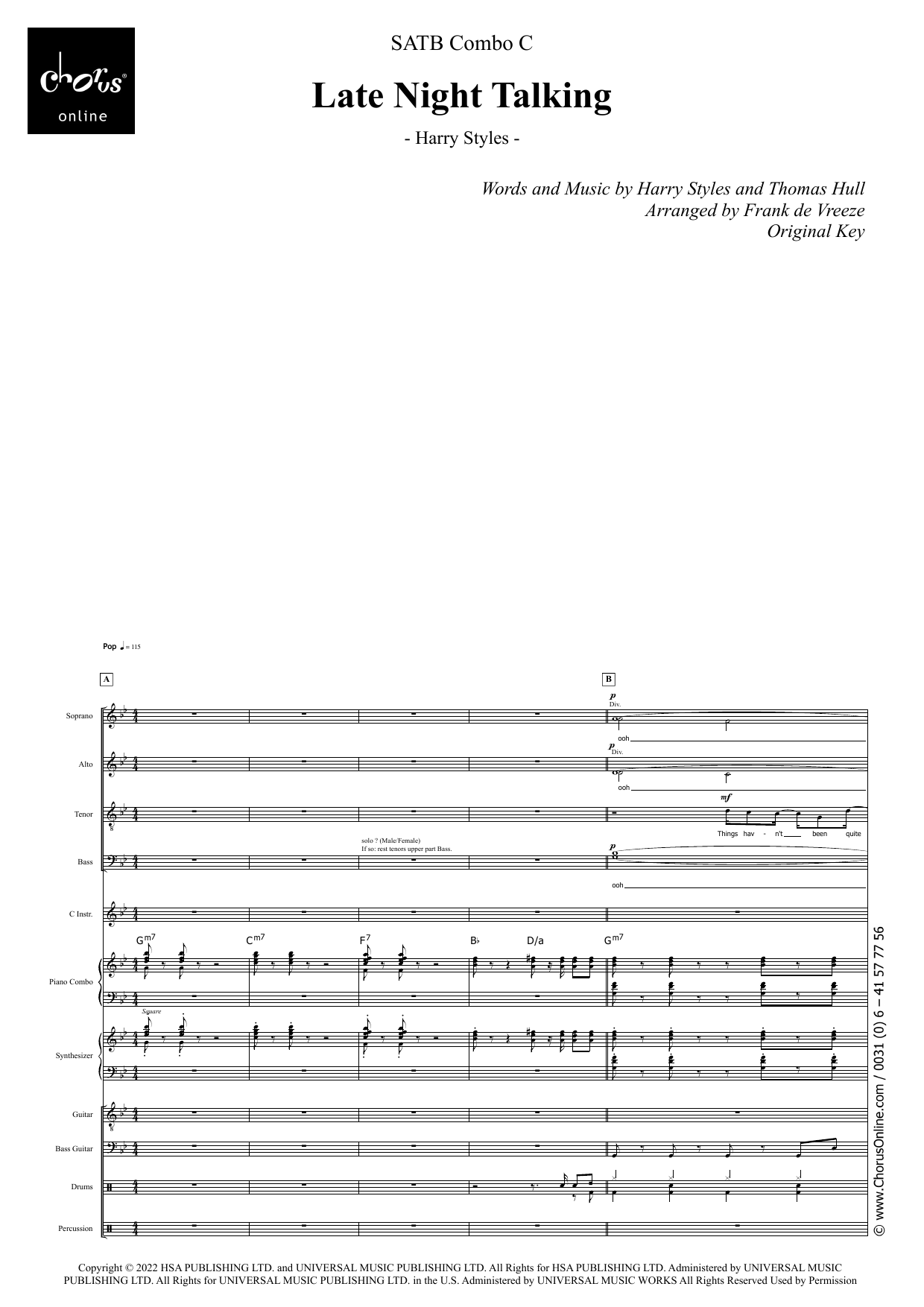 Late Night Talking (arr. Frank de Vreeze): SATB Choral Octavo