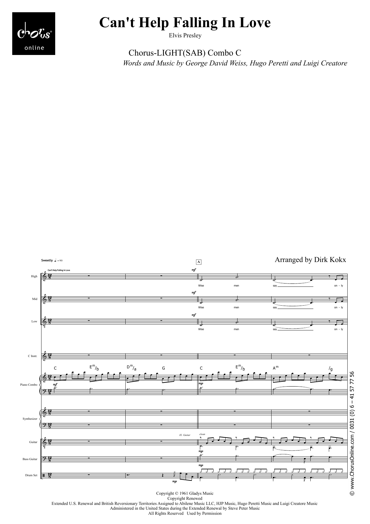 Can't Help Falling In Love (arr. Dirk Kokx): SAB Choral Octavo