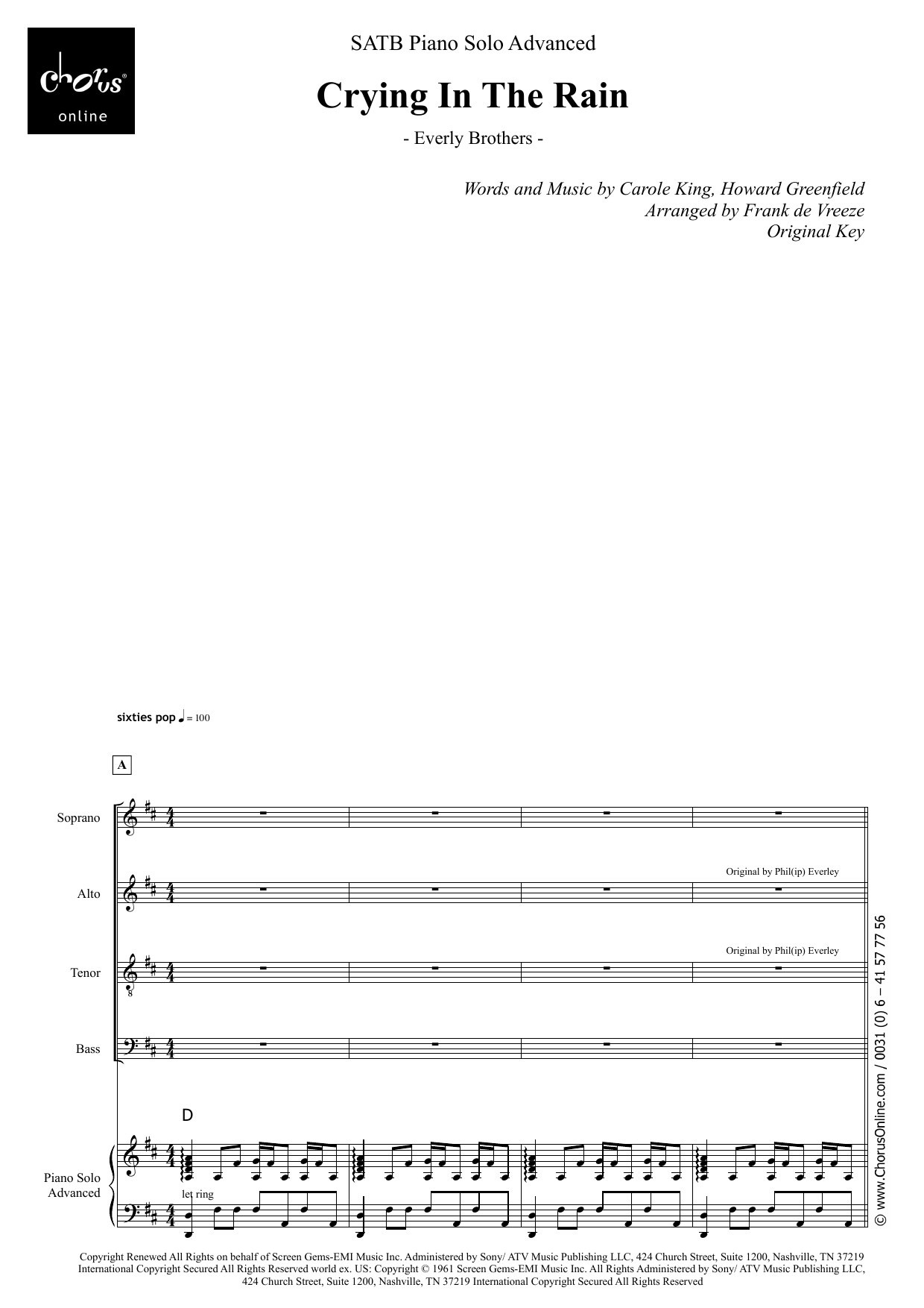 Crying In The Rain (arr. Frank de Vreeze): SATB Choral Octavo