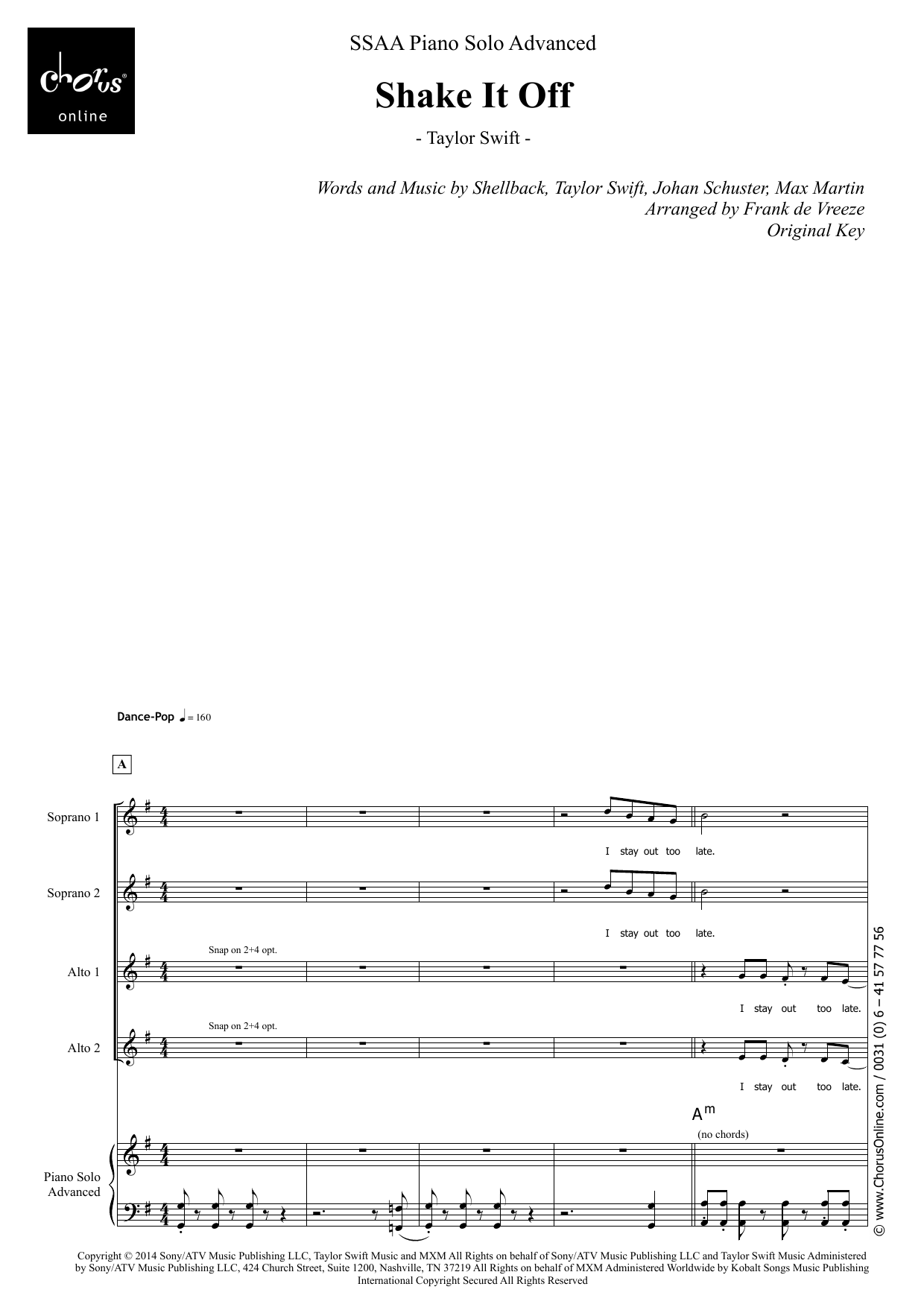 Shake It Off (arr. Frank de Vreeze): SSAA Choral Octavo