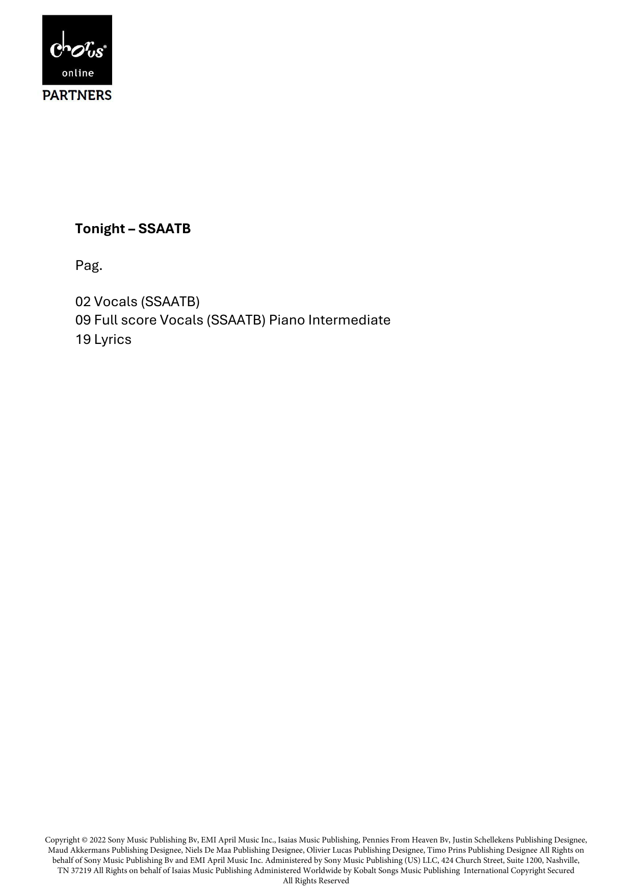 Tonight (arr. Ruud Verkoeijen): SATB Choral Octavo