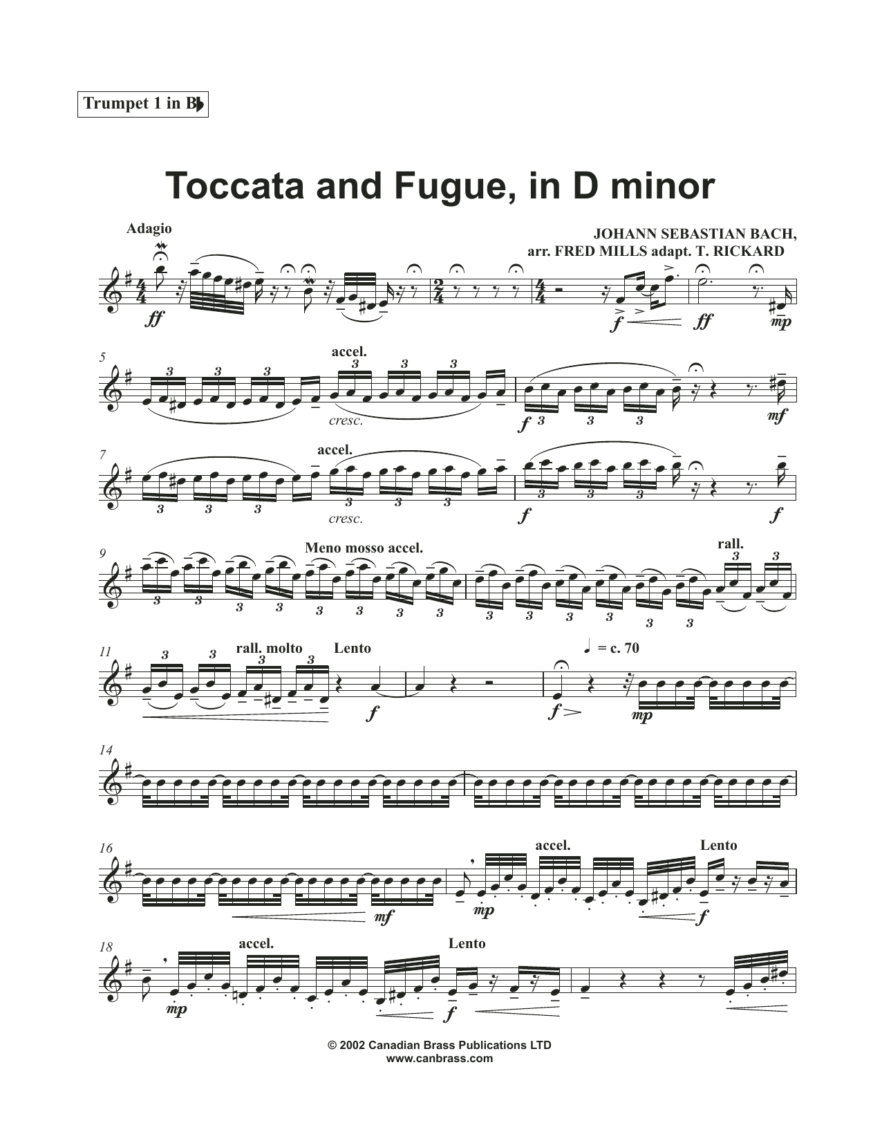 Toccata And Fugue In D Minor Bb Trumpet 1 By Canadian Brass Sheet 