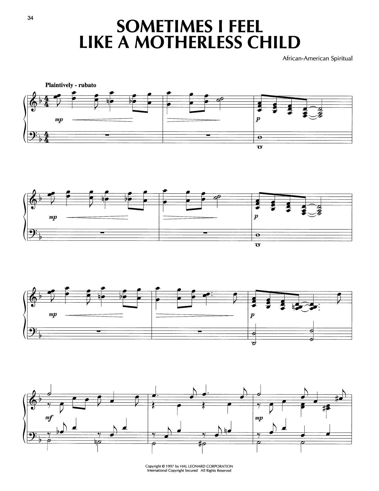 Sometimes I Feel Like A Motherless Child (arr. Kurt Kaiser): Piano Solo