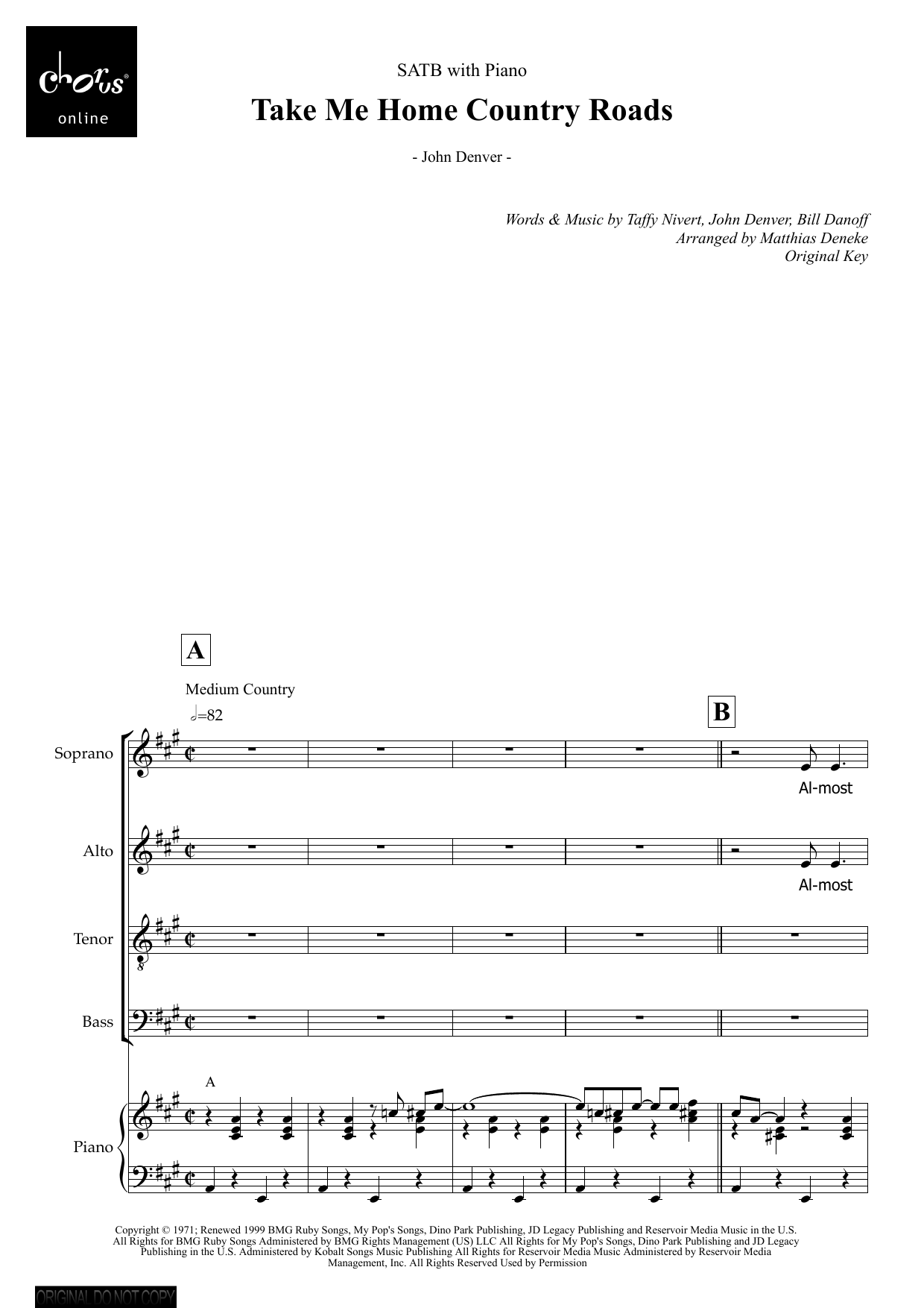 Take Me Home Country Roads (arr. Matthias Deneke): SATB Choral Octavo