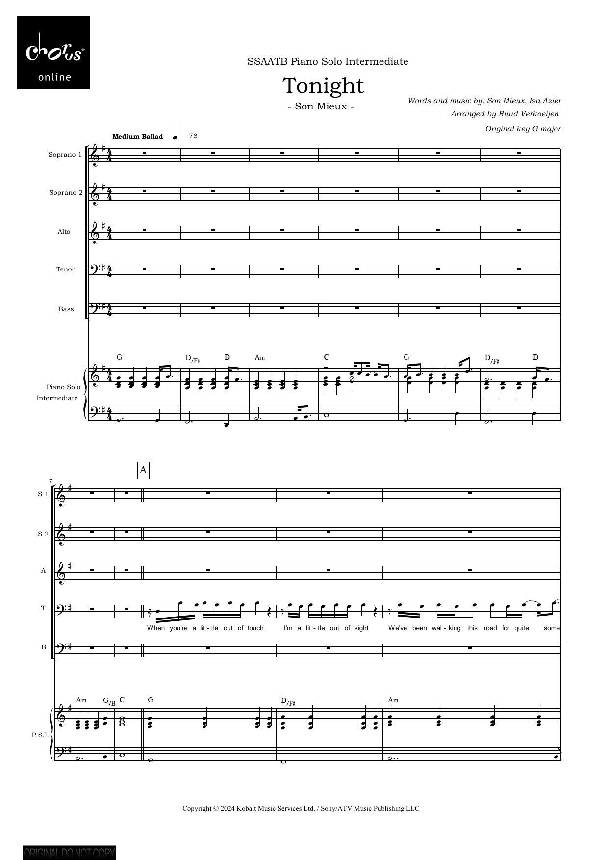 Tonight (arr. Ruud Verkoeijen): SATB Choral Octavo