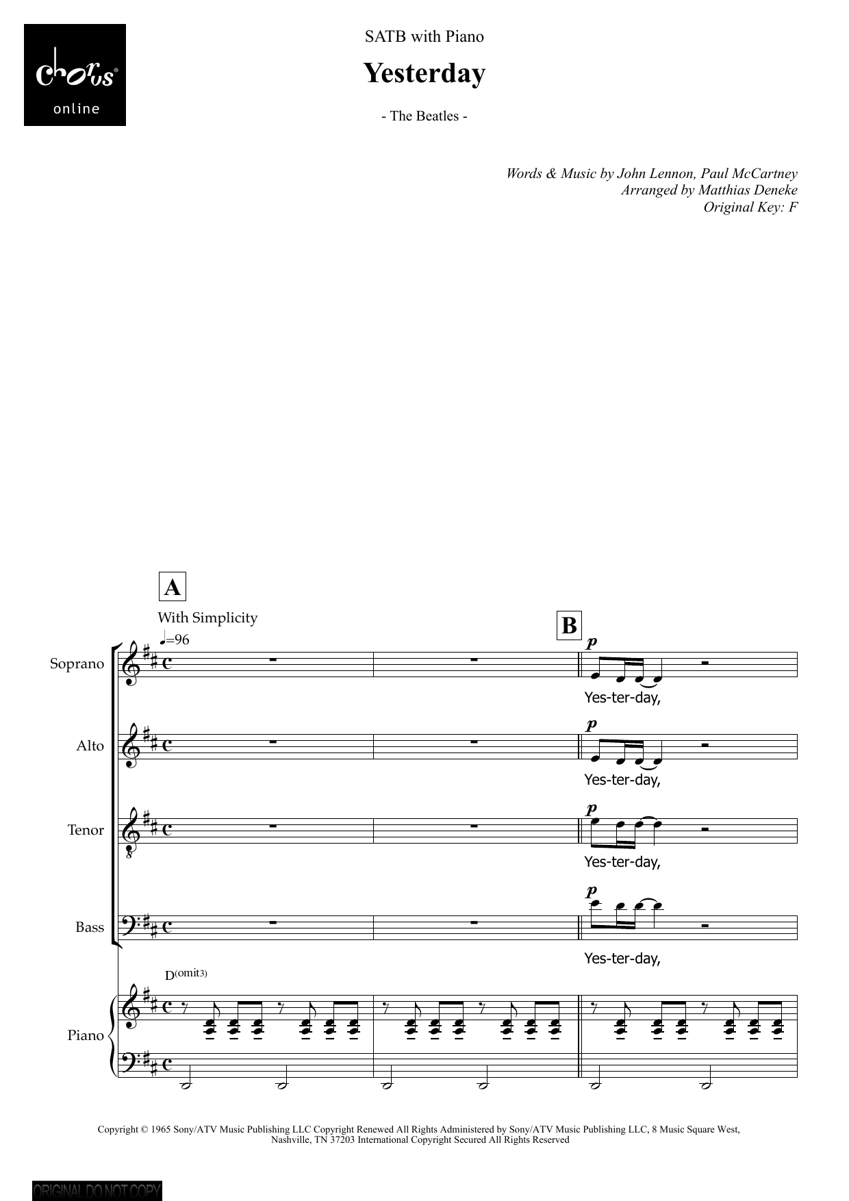 Yesterday (arr. Matthias Deneke): SATB Choral Octavo