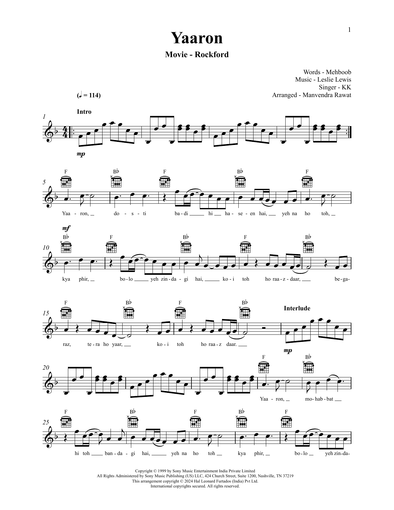 Yaaron (from Rockford): Lead Sheet / Fake Book