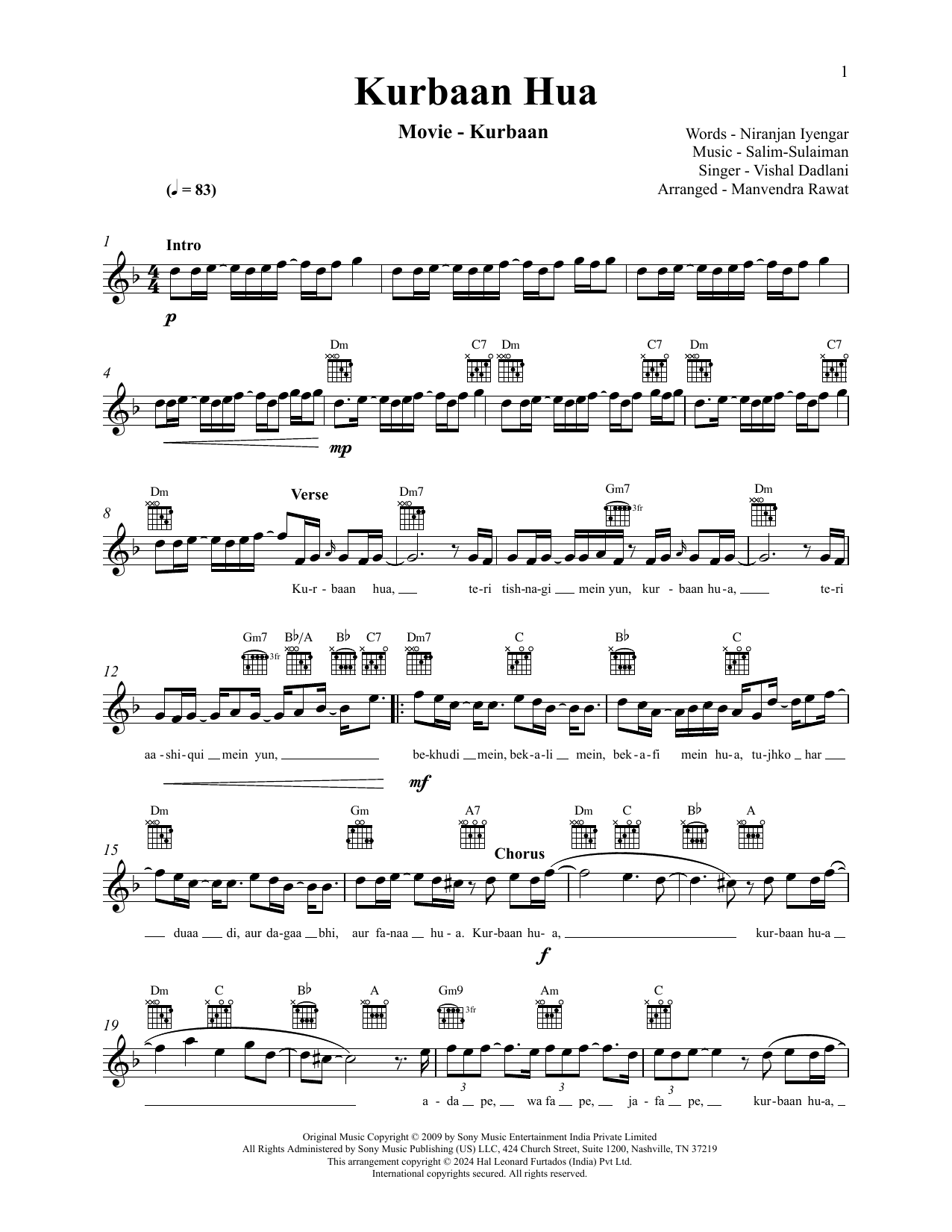 Kurbaan Hua (from Kurbaan): Lead Sheet / Fake Book