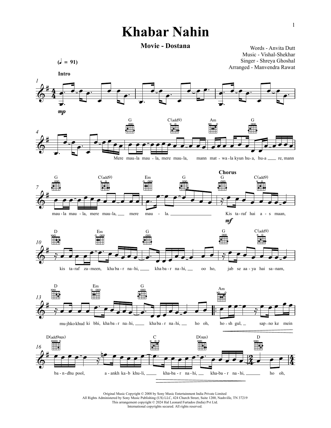 Khabar Nahin (from Dostana): Lead Sheet / Fake Book