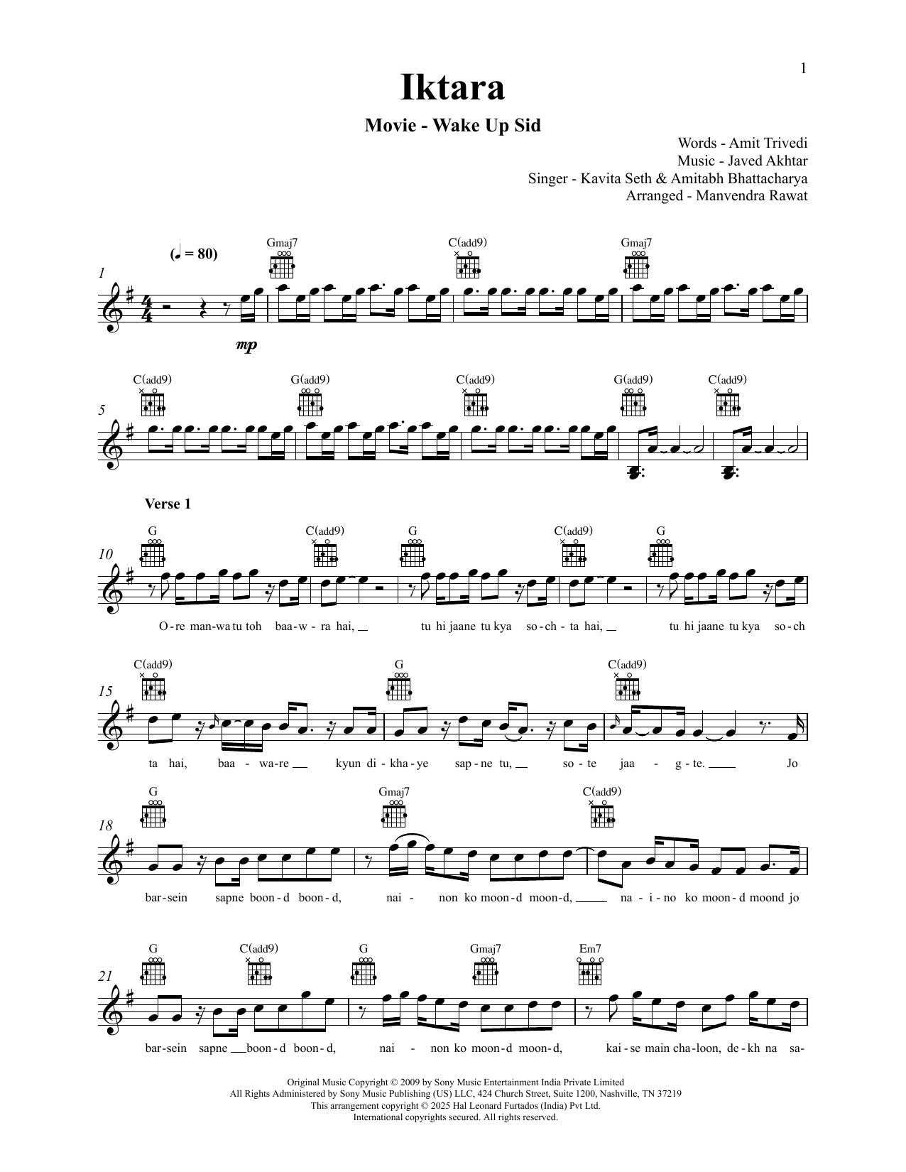 Iktara (from Wake Up Sid): Lead Sheet / Fake Book