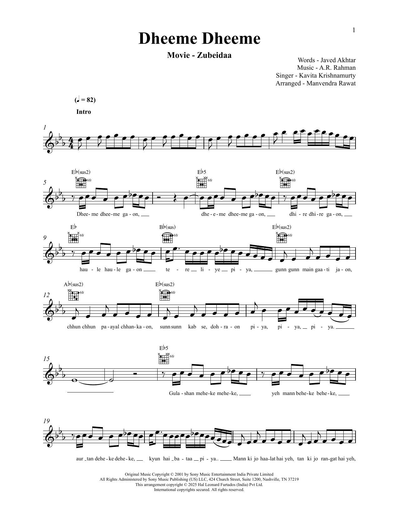 Dheeme Dheeme (from Zubeidaa): Lead Sheet / Fake Book