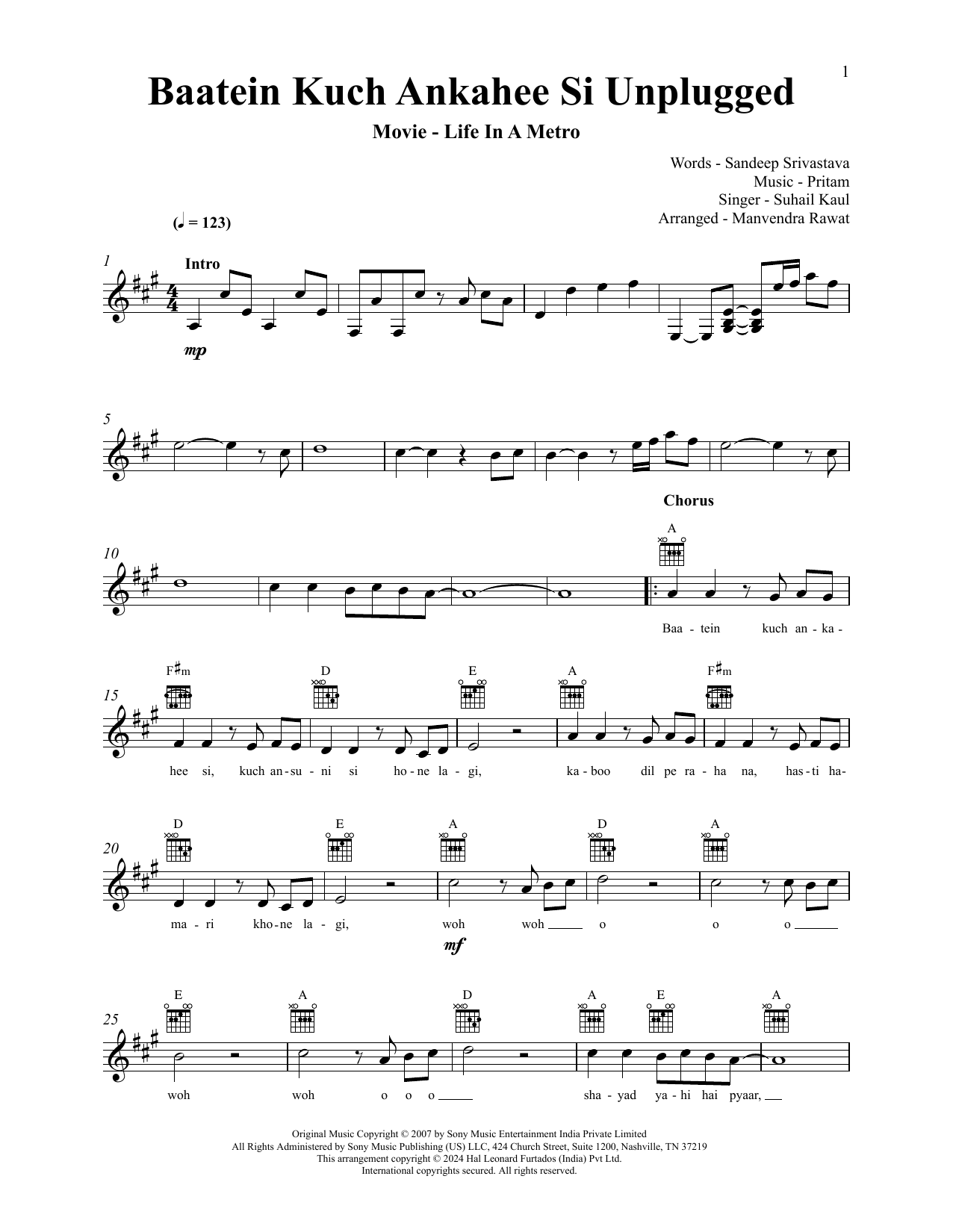 Baatein Kuch Ankahee Si (Unplugged) (from Life In A Metro): Lead Sheet / Fake Book