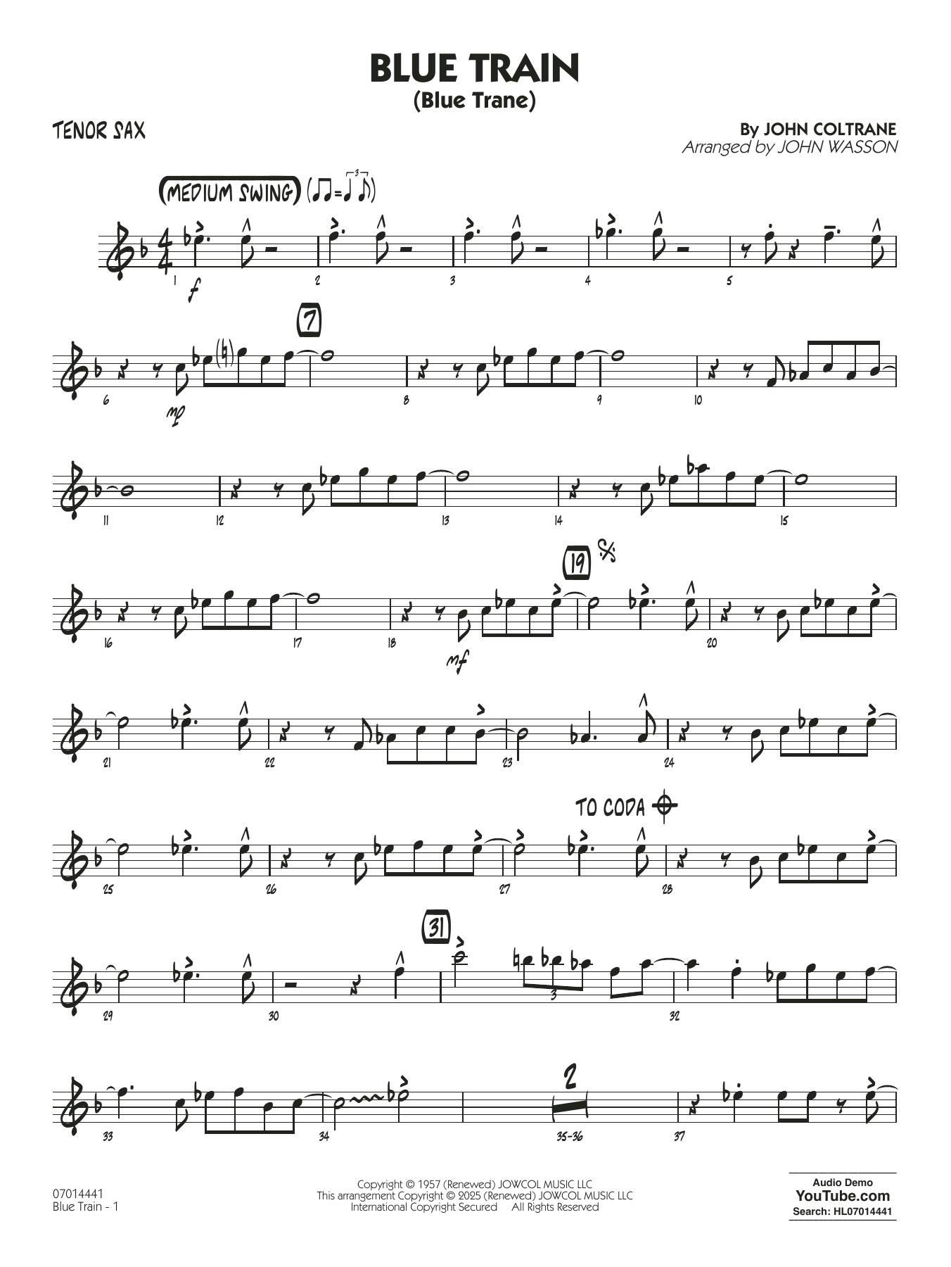 Blue Train (Blue Trane) (arr. Blue Train (Blue Trane) (arr. Wasson) - Tenor Sax