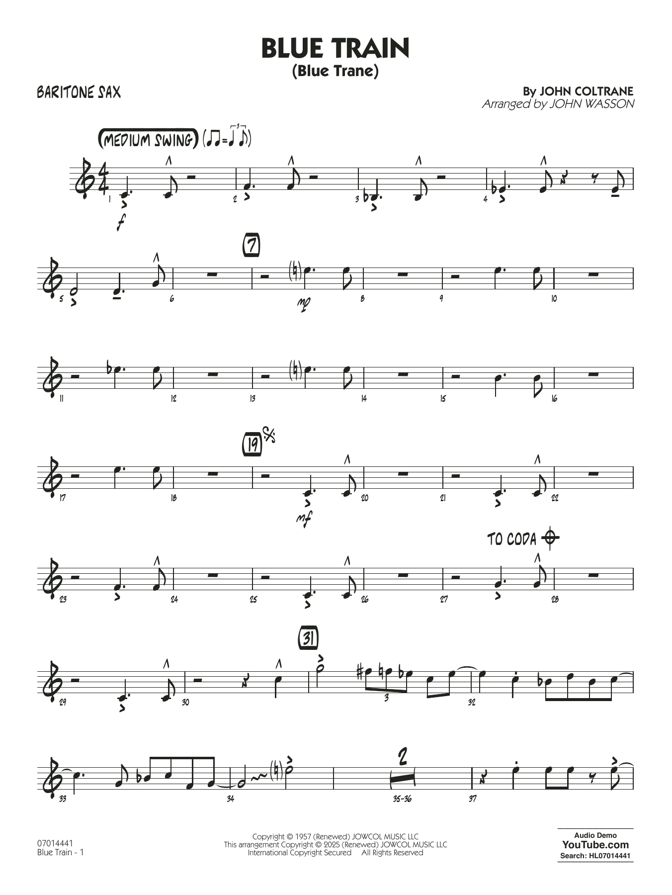 Blue Train (Blue Trane) (arr. Blue Train (Blue Trane) (arr. Wasson) - Baritone Sax