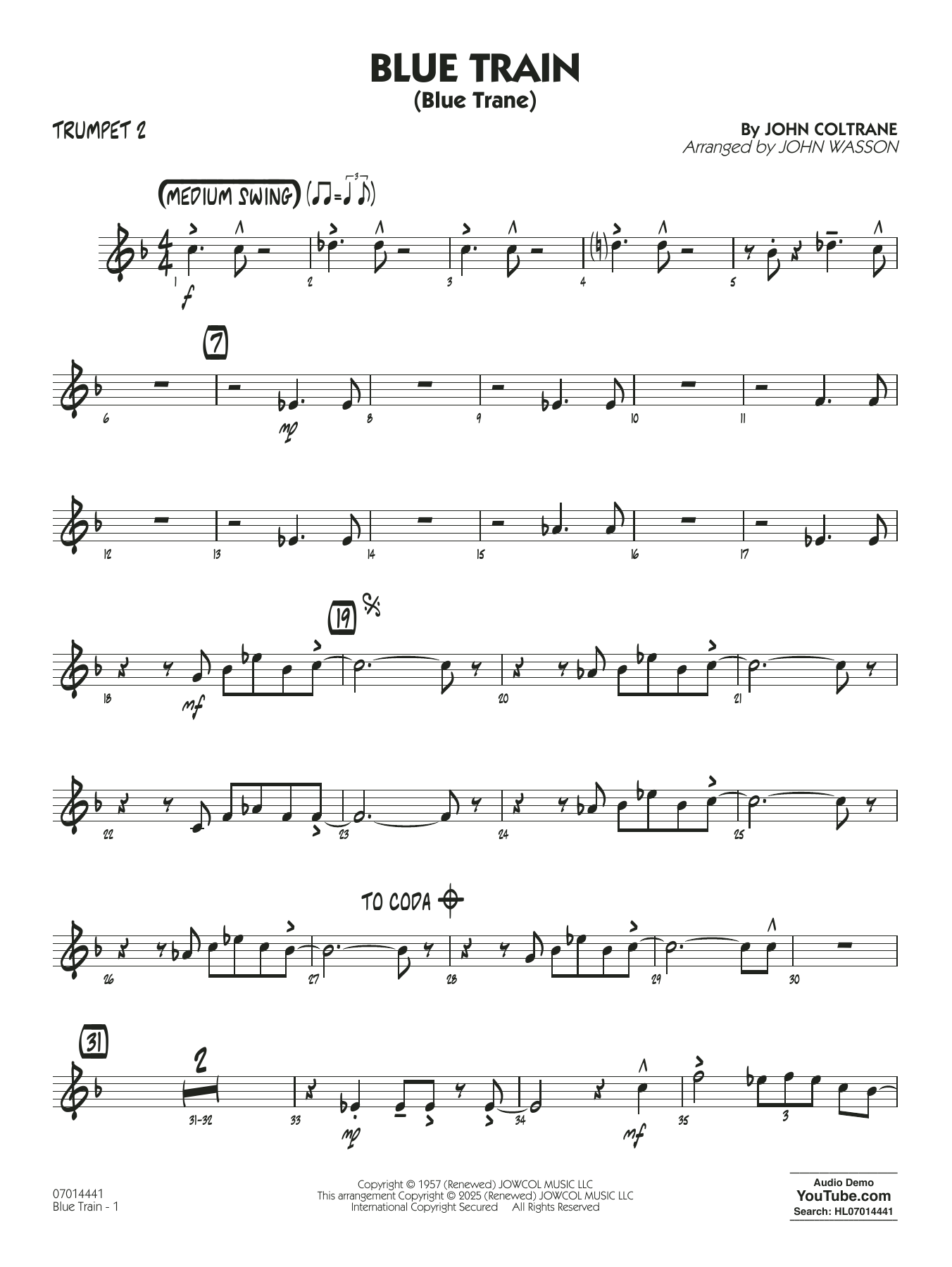 Blue Train (Blue Trane) (arr. Blue Train (Blue Trane) (arr. Wasson) - Trumpet 2