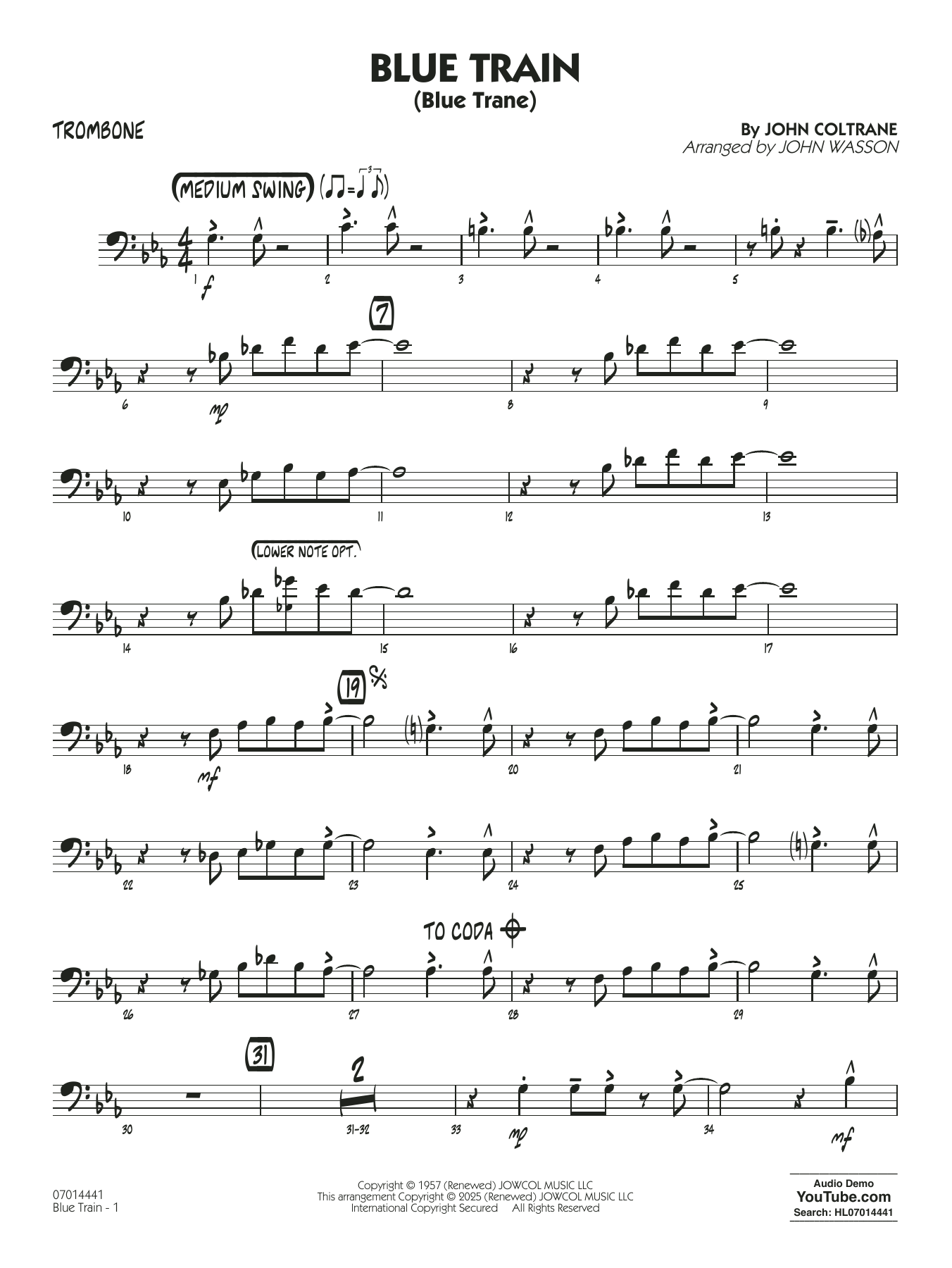 Blue Train (Blue Trane) (arr. Blue Train (Blue Trane) (arr. Wasson) - Trombone