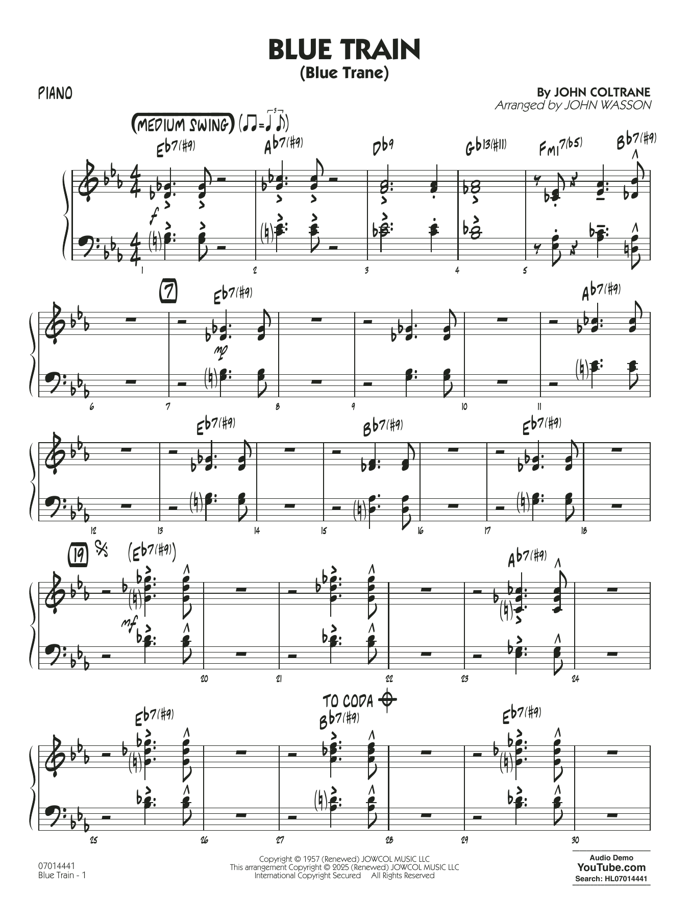 Blue Train (Blue Trane) (arr. Blue Train (Blue Trane) (arr. Wasson) - Piano