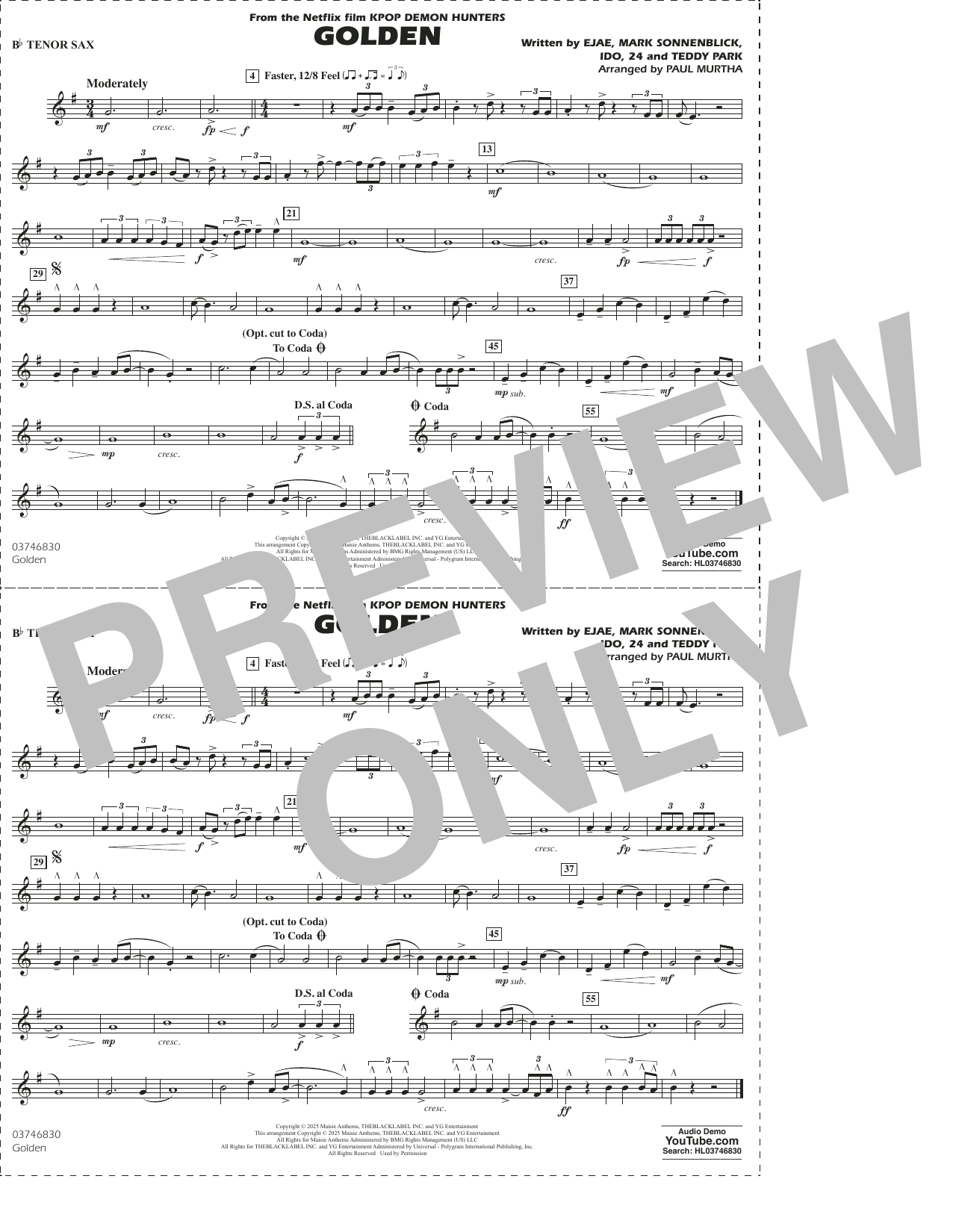 Golden (from KPop Demon Hunters) (arr. Paul Murtha) - Bb Tenor Sax