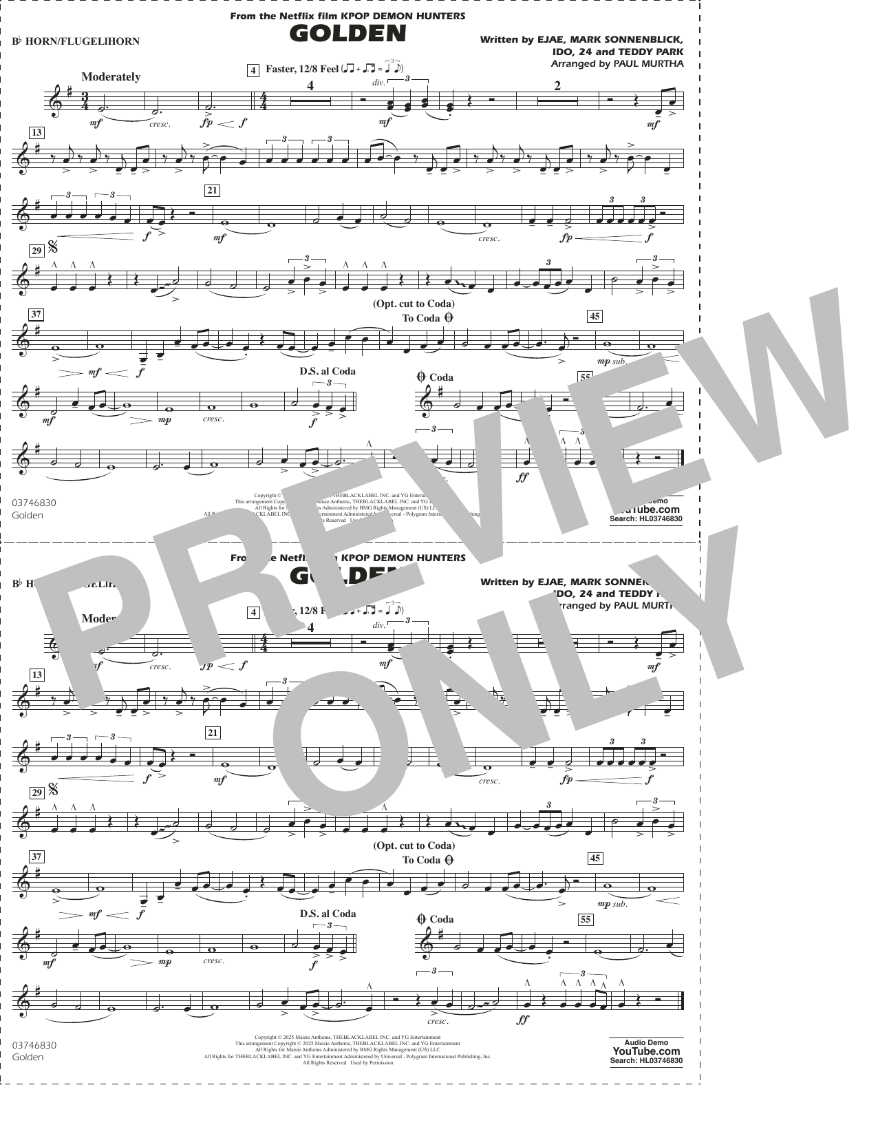 Golden (from KPop Demon Hunters) (arr. Paul Murtha) - Bb Horn/Flugelhorn