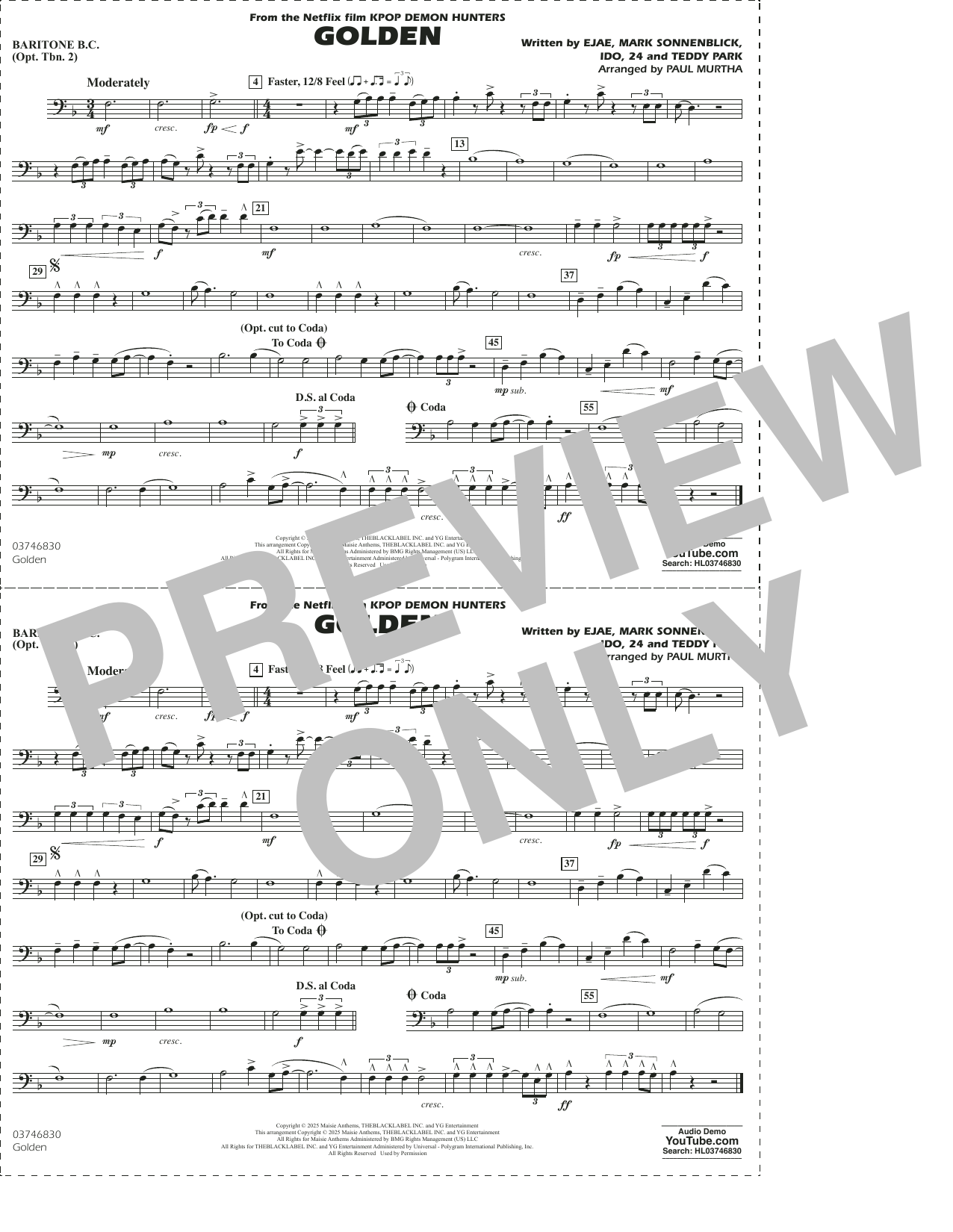 Golden (from KPop Demon Hunters) (arr. Paul Murtha) - Baritone B.C. (Opt. Tbn. 2)