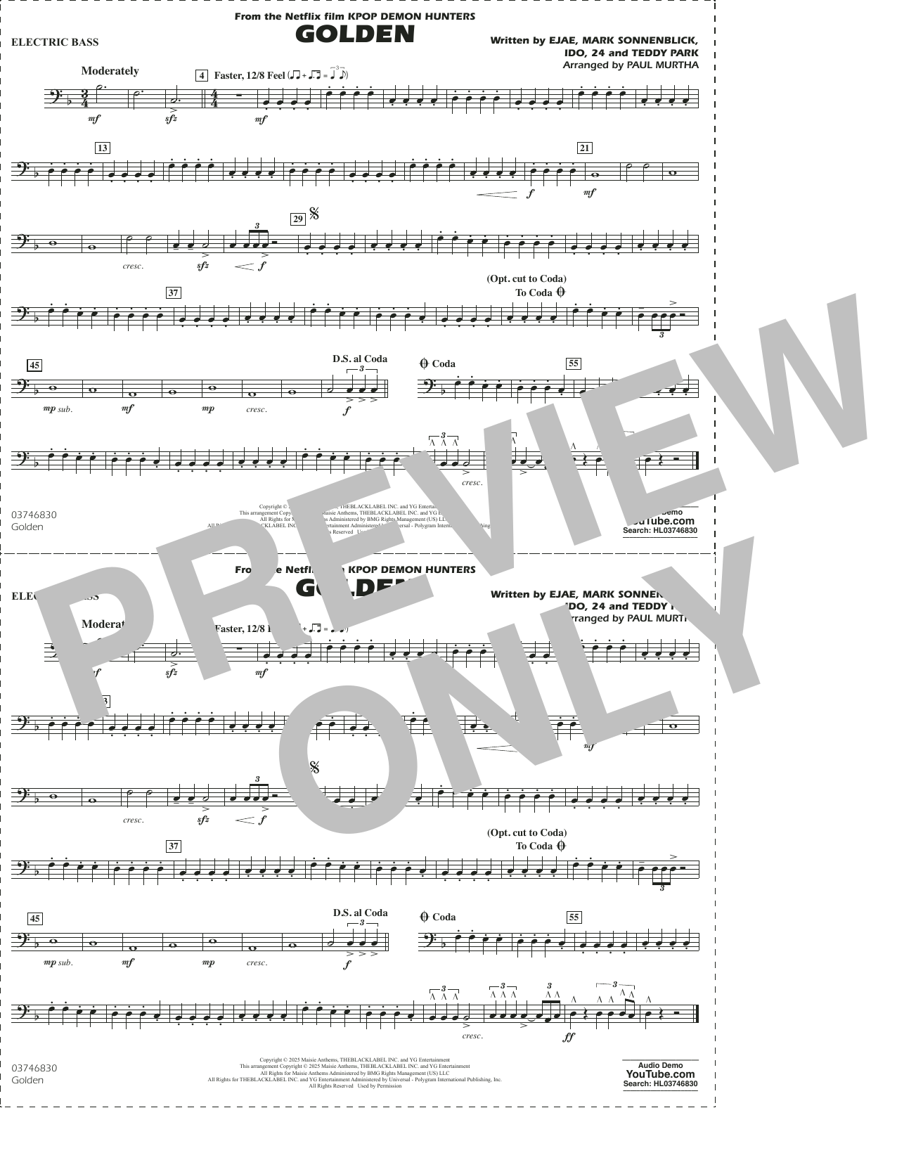 Golden (from KPop Demon Hunters) (arr. Paul Murtha) - Electric Bass