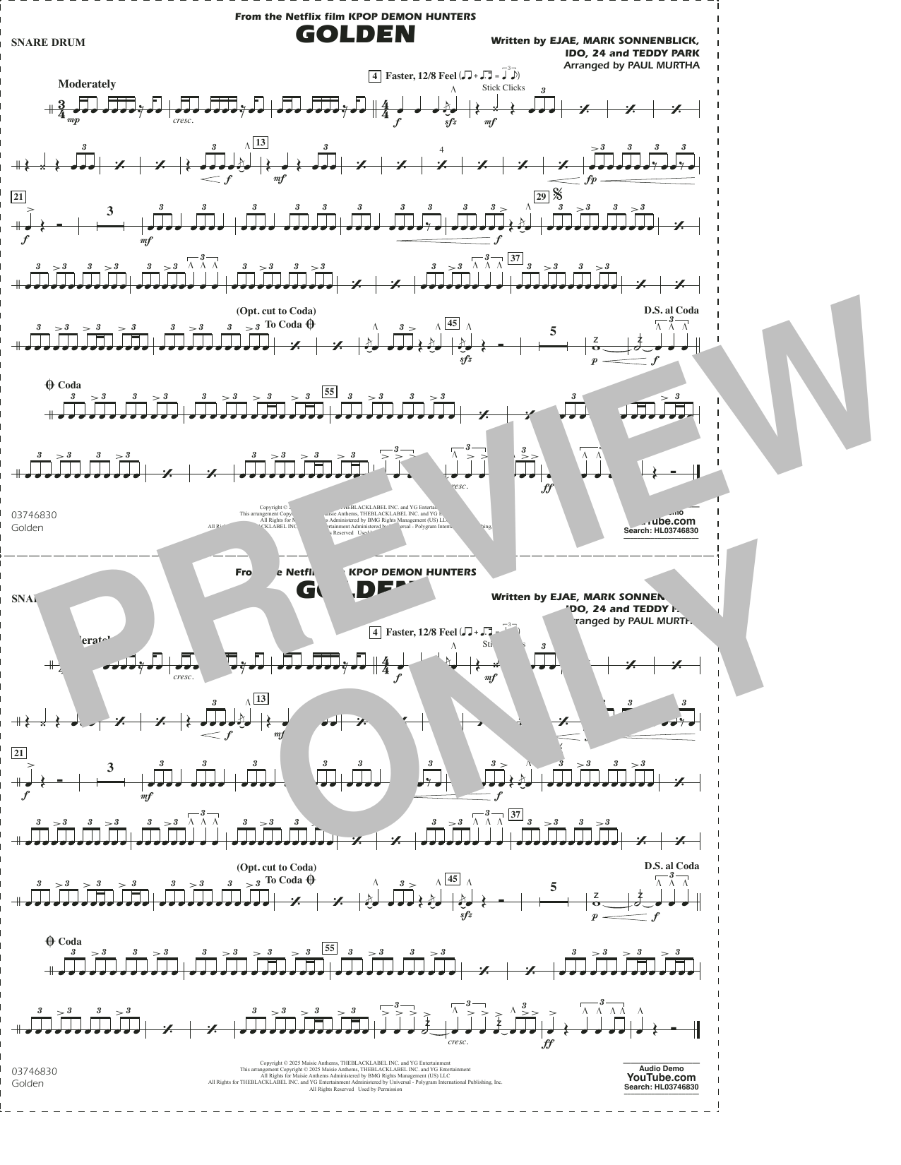 Golden (from KPop Demon Hunters) (arr. Paul Murtha) - Snare Drum