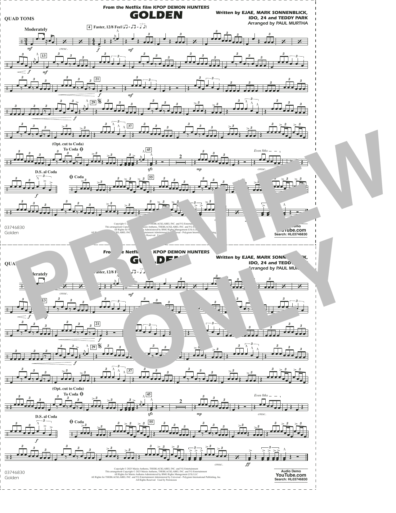 Golden (from KPop Demon Hunters) (arr. Paul Murtha) - Quad Toms