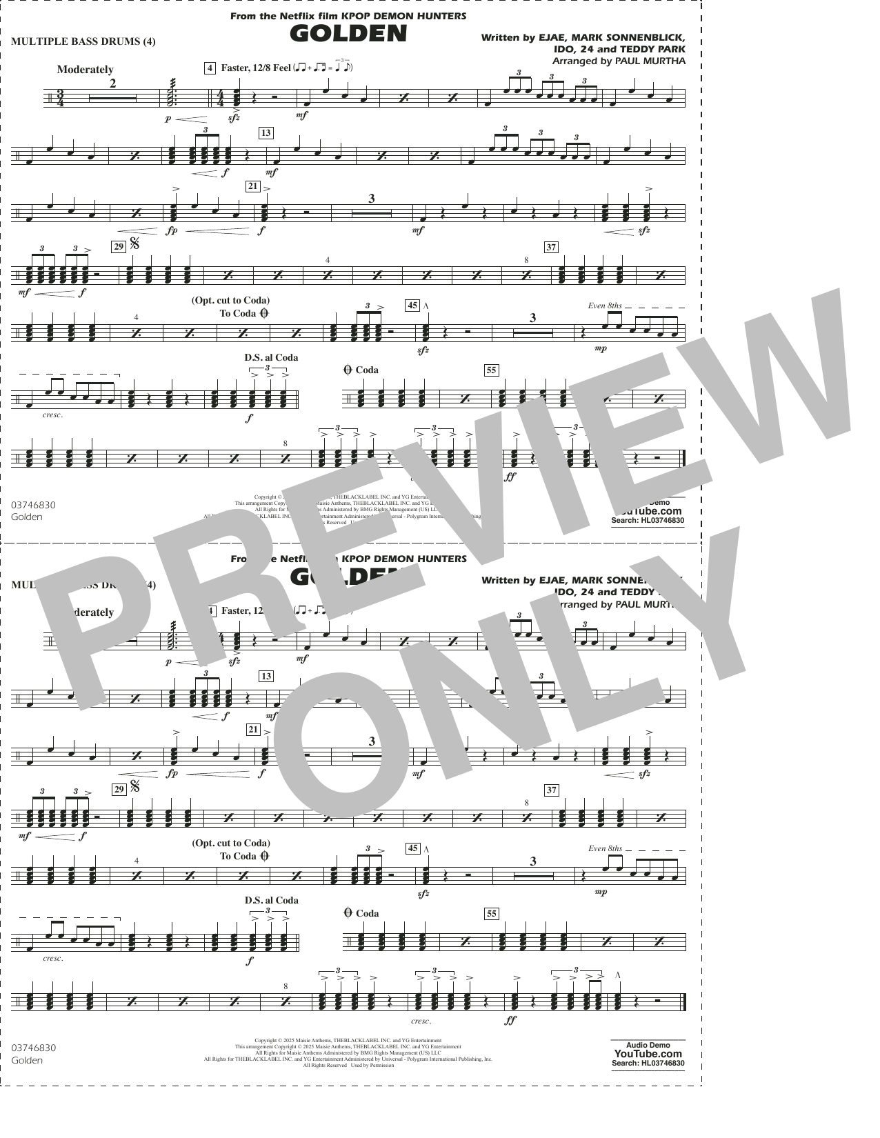 Golden (from KPop Demon Hunters) (arr. Paul Murtha) - Multiple Bass Drums