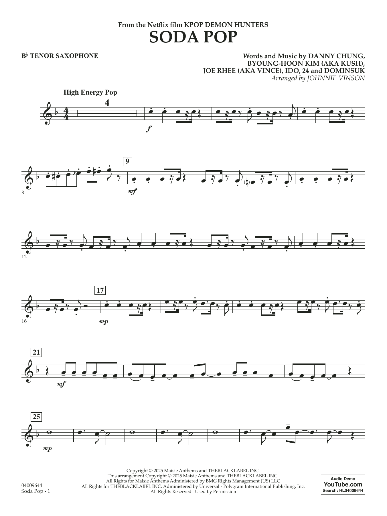 Soda Pop (from KPop Demon Hunters) (arr. Johnnie Vinson) - Bb Tenor Saxophone