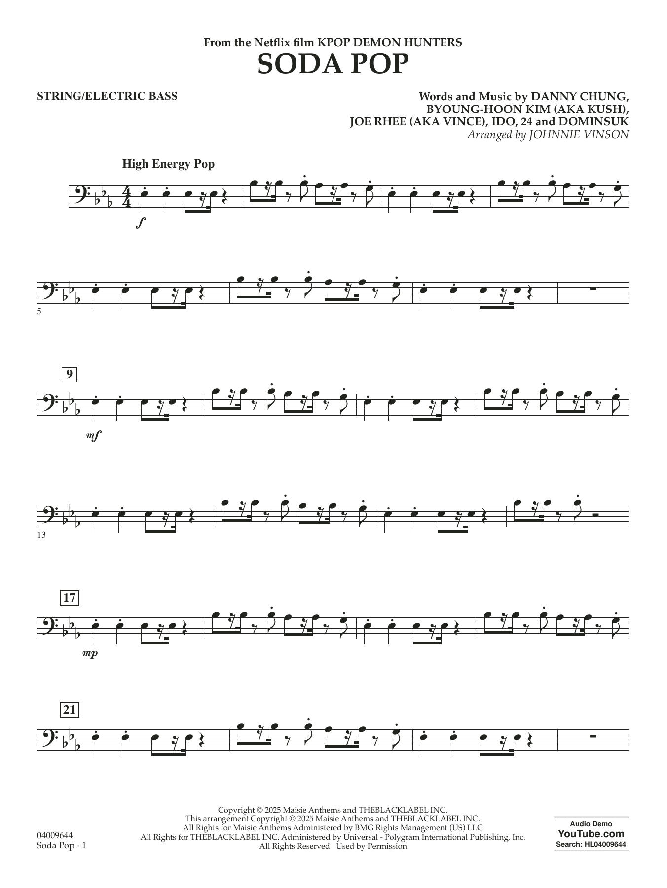Soda Pop (from KPop Demon Hunters) (arr. Johnnie Vinson) - String/Electric Bass