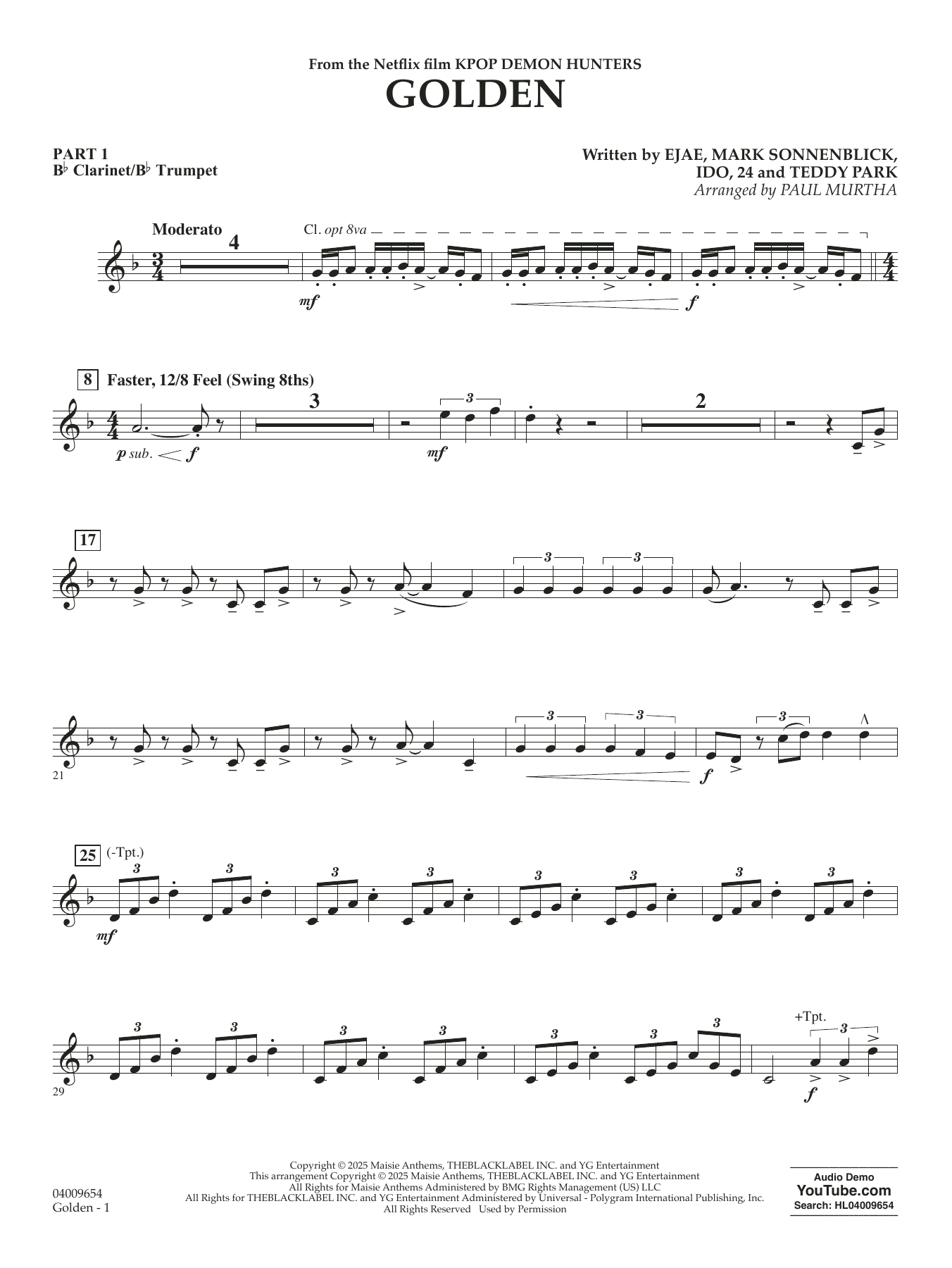 Golden (from KPop Demon Hunters) (arr. Paul Murtha) - Pt.1 - Bb Clarinet/Bb Trumpet