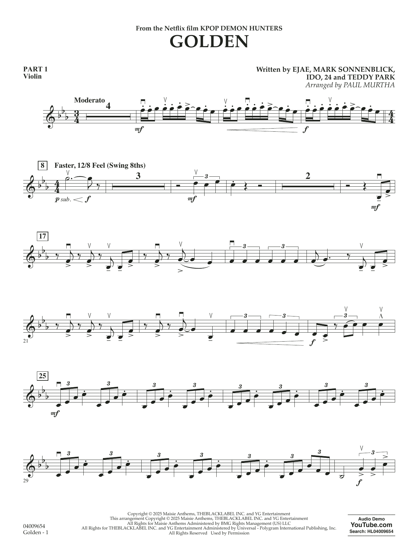 Golden from KPop Demon Hunters arr Paul Murtha Pt 1 Violin Von 