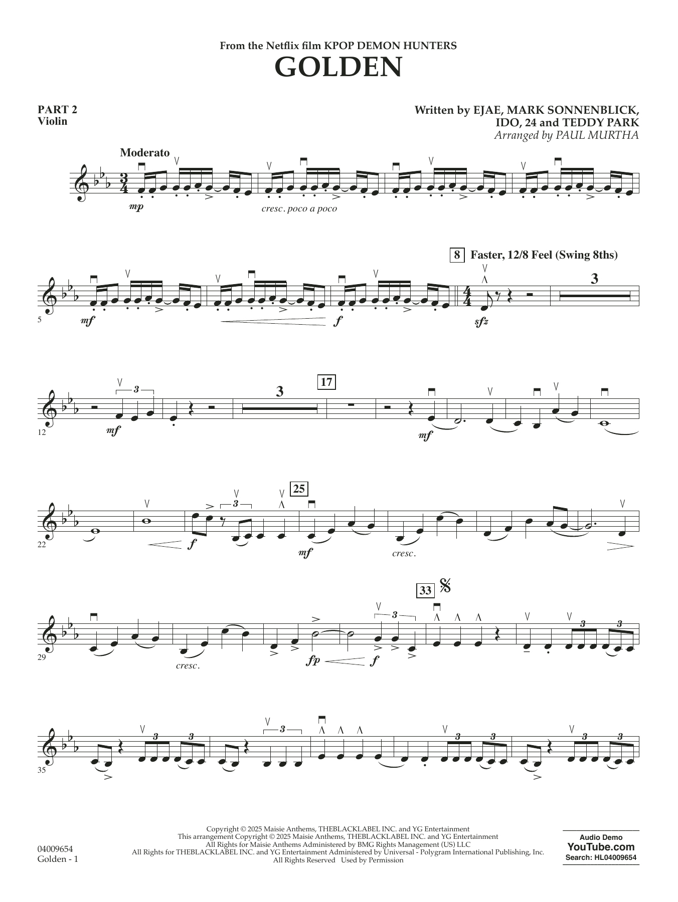 Golden (from KPop Demon Hunters) (arr. Paul Murtha) - Pt.2 - Violin