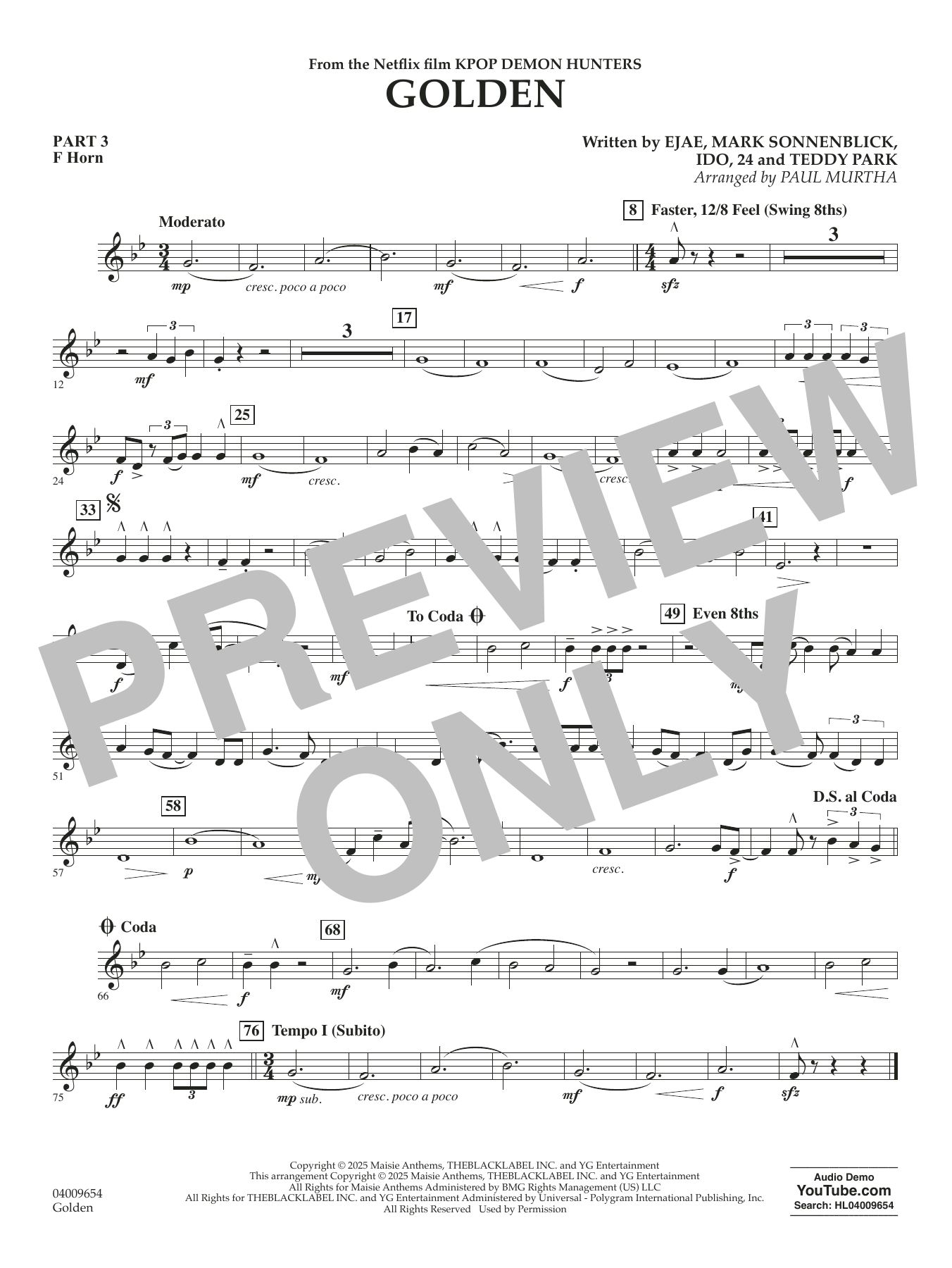 Golden (from KPop Demon Hunters) (arr. Paul Murtha) - Pt.3 - F Horn