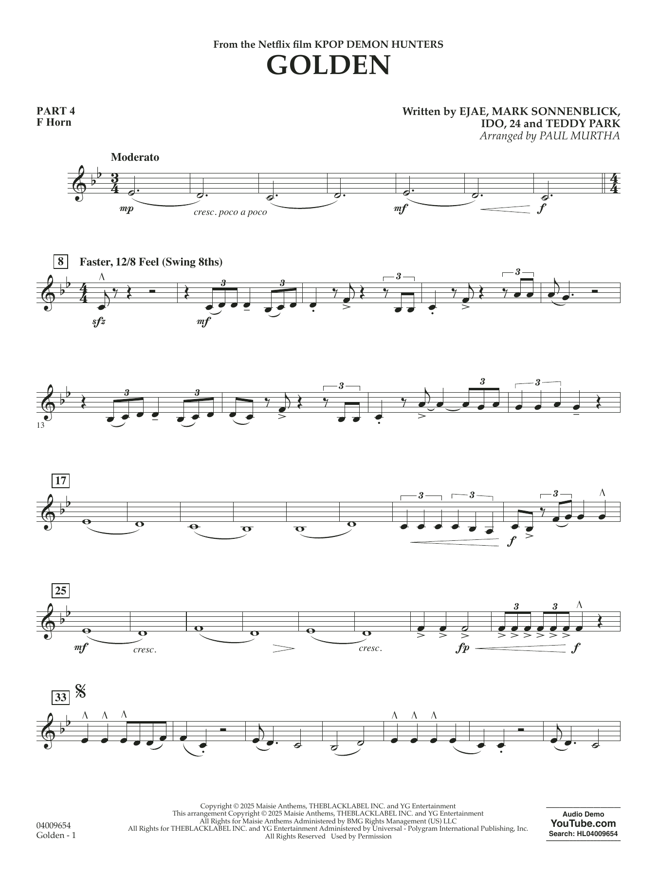 Golden (from KPop Demon Hunters) (arr. Paul Murtha) - Pt.4 - F Horn